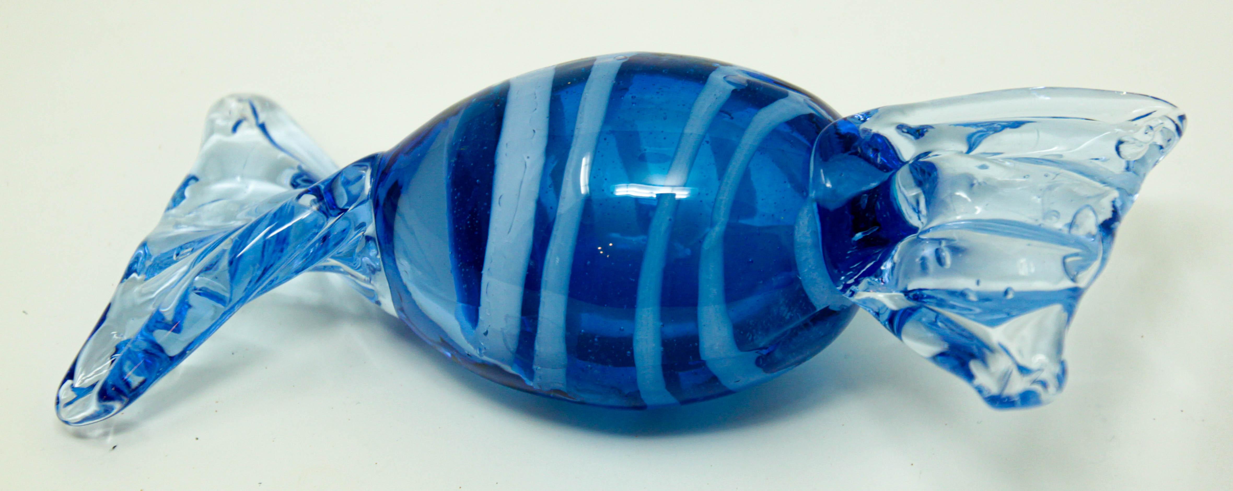Hand-Crafted Vintage Large Murano Decorative Blown Glass Wrapped Blue Hard Candy Paperweight For Sale