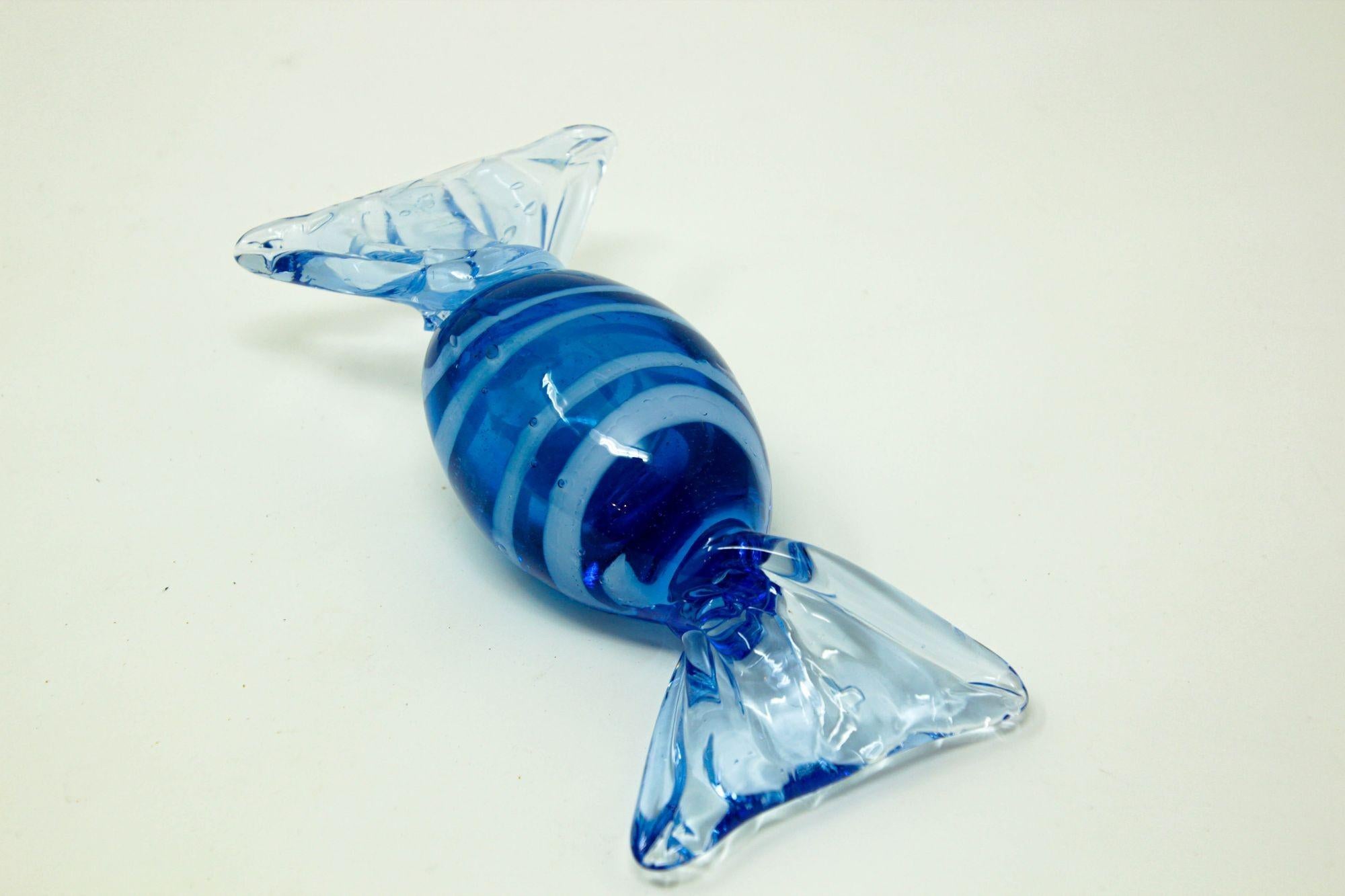 20th Century Vintage Large Murano Decorative Blown Glass Wrapped Blue Hard Candy Paperweight For Sale