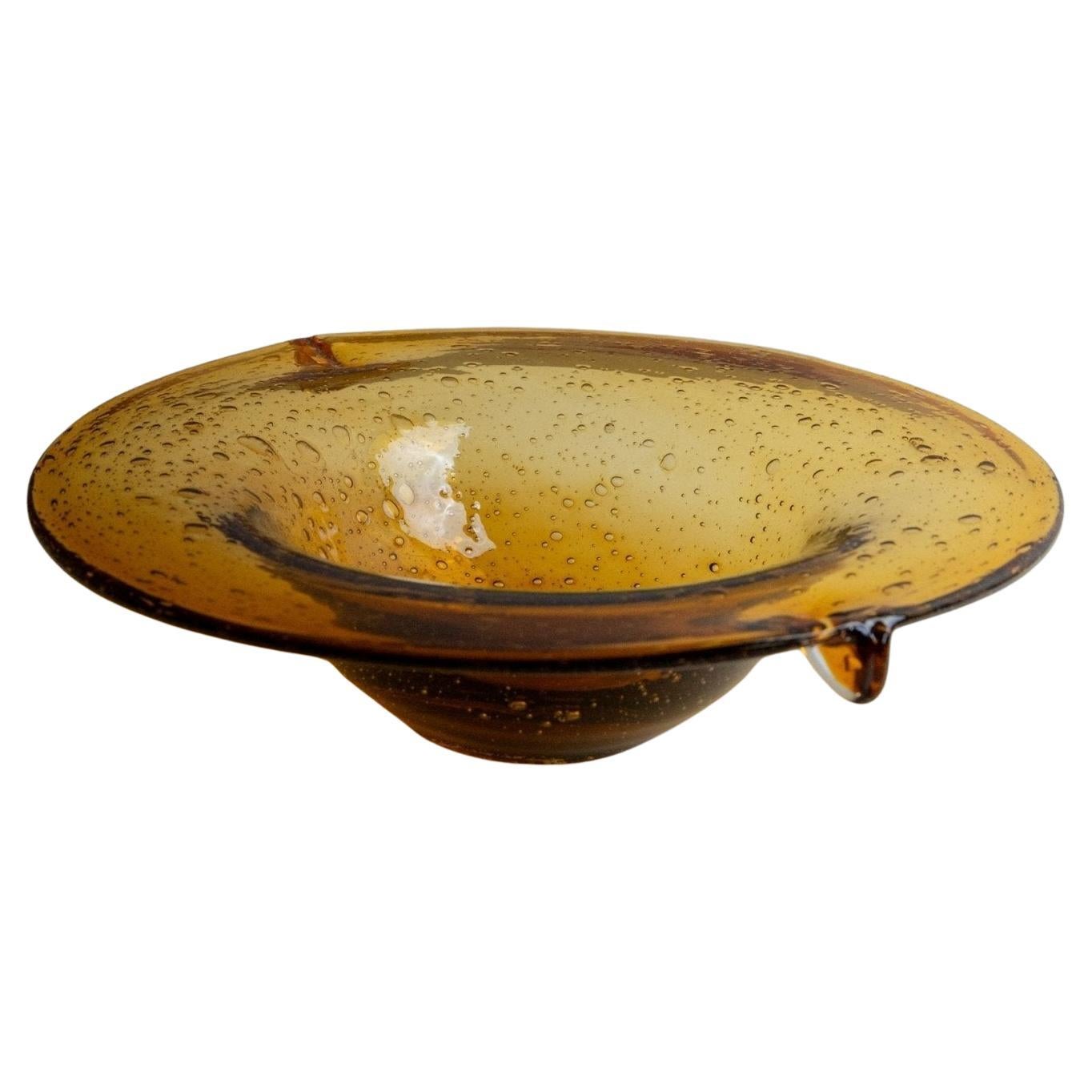 Vintage Large Murano Glass Bowl - Amber with Bubbles, 1970s Mid Century Italy