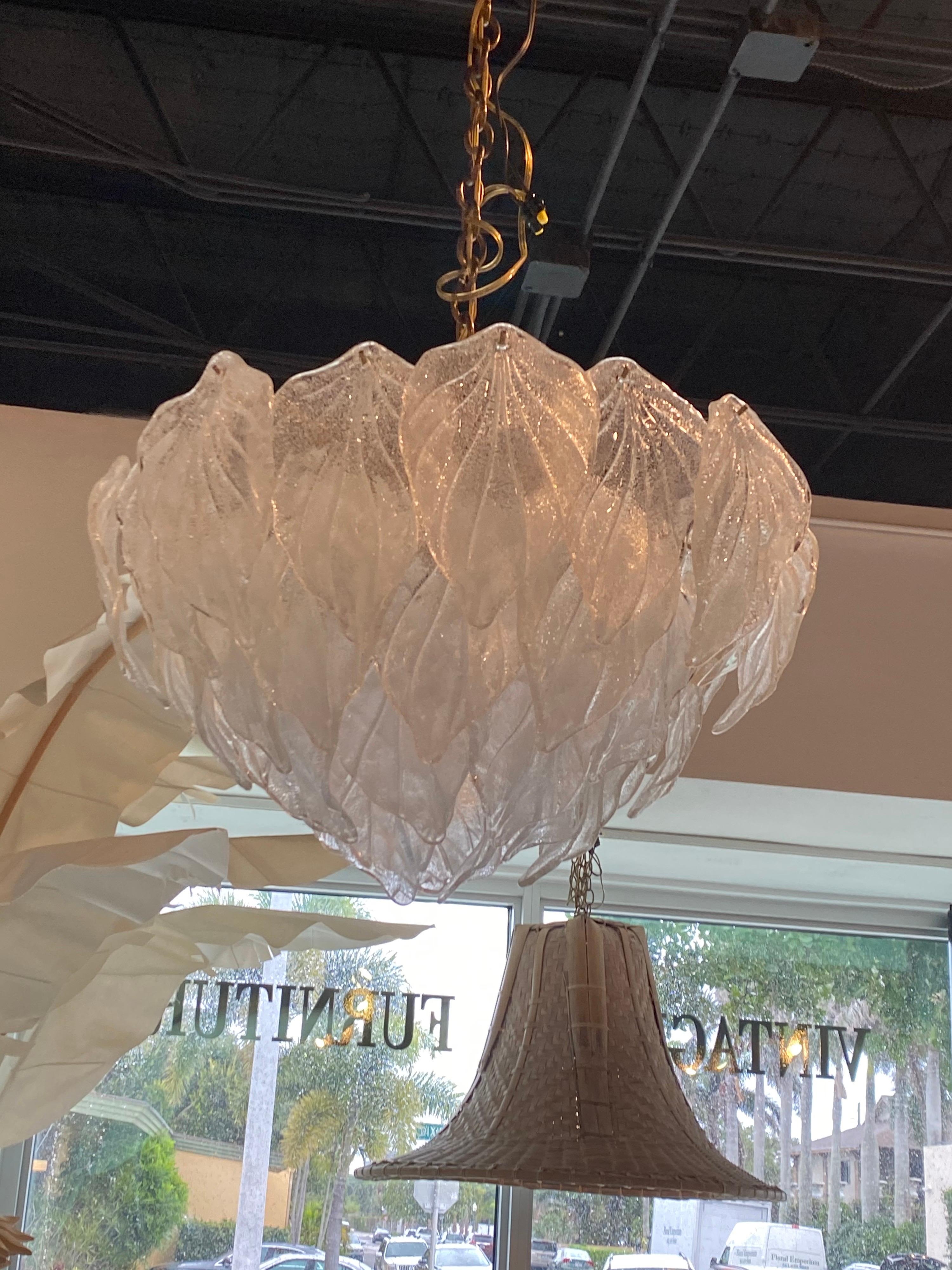 Vintage Large Murano Mazzega by Carlo Nason Glass Leaf Chandelier Brass 7