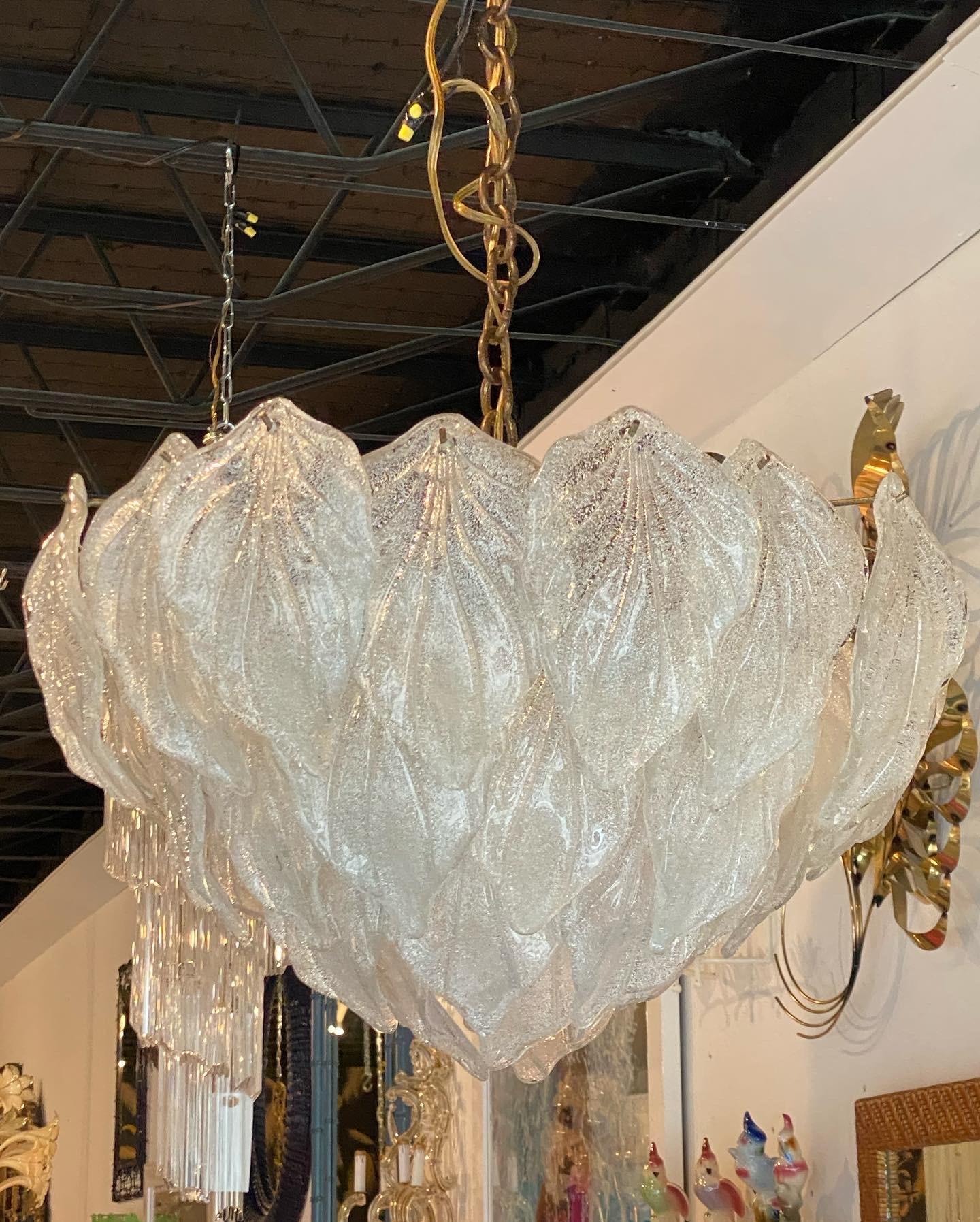 Hollywood Regency Vintage Large Murano Mazzega by Carlo Nason Glass Leaf Chandelier Brass