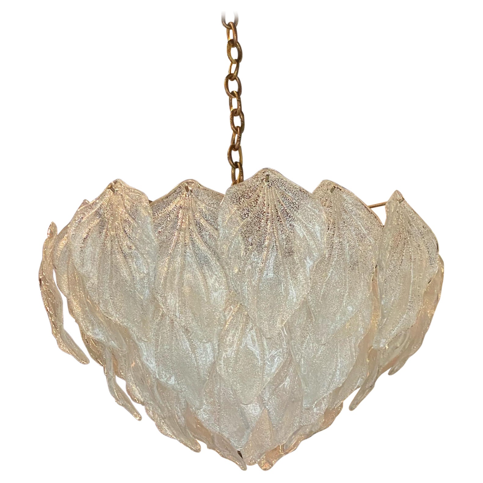 Vintage Large Murano Mazzega by Carlo Nason Glass Leaf Chandelier Brass