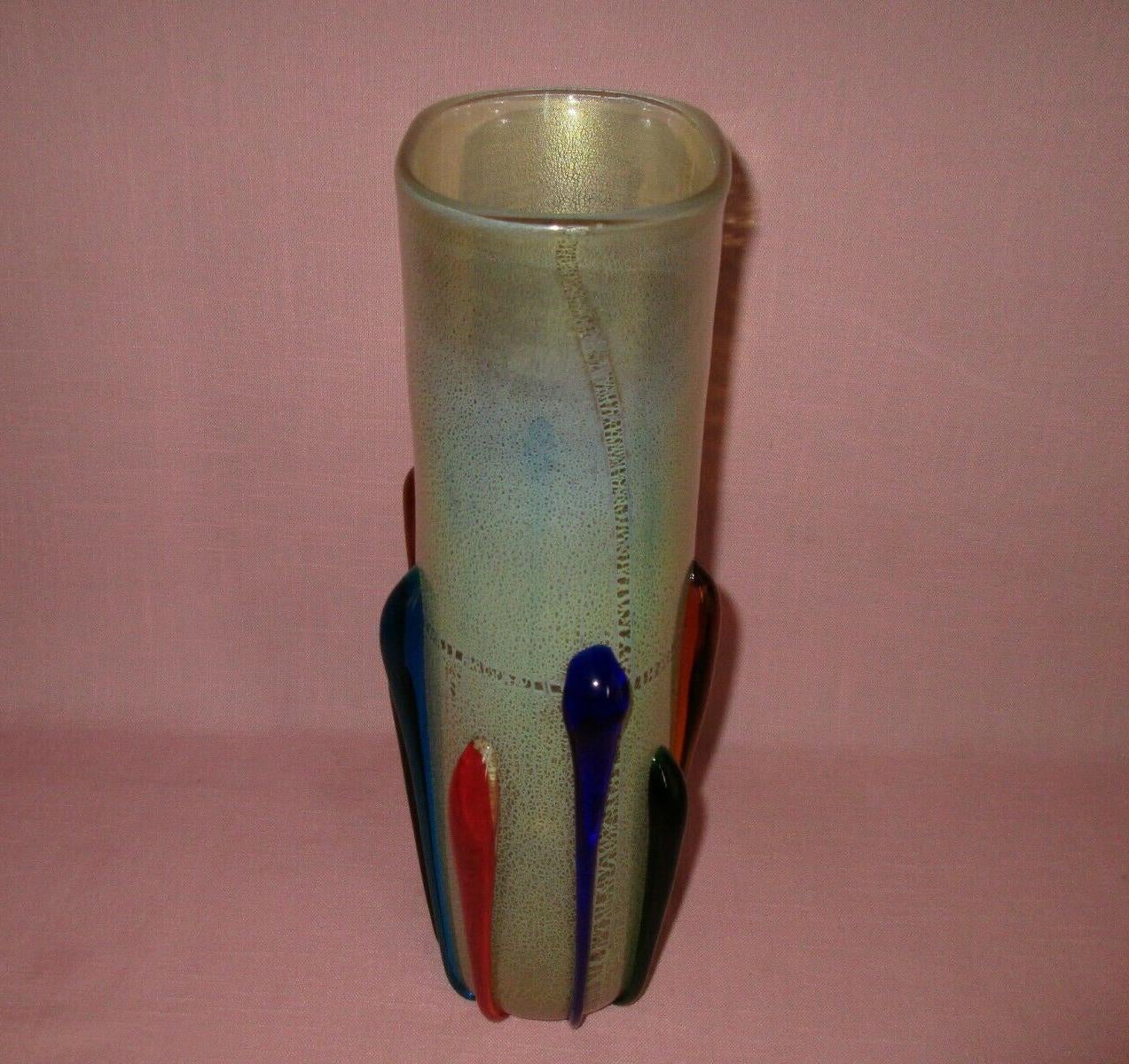 Gran jarrón vintage de cristal artístico multicolor de Murano Firmado Mario Mellora Italia Italiano en venta