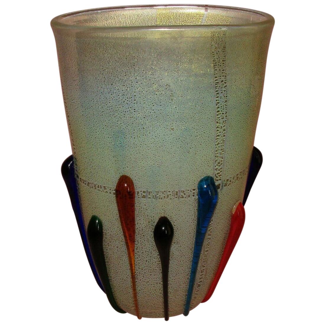 Vintage Large Murano Multi-Color Art Glass Vase Signed Mario Mellora Italy en vente