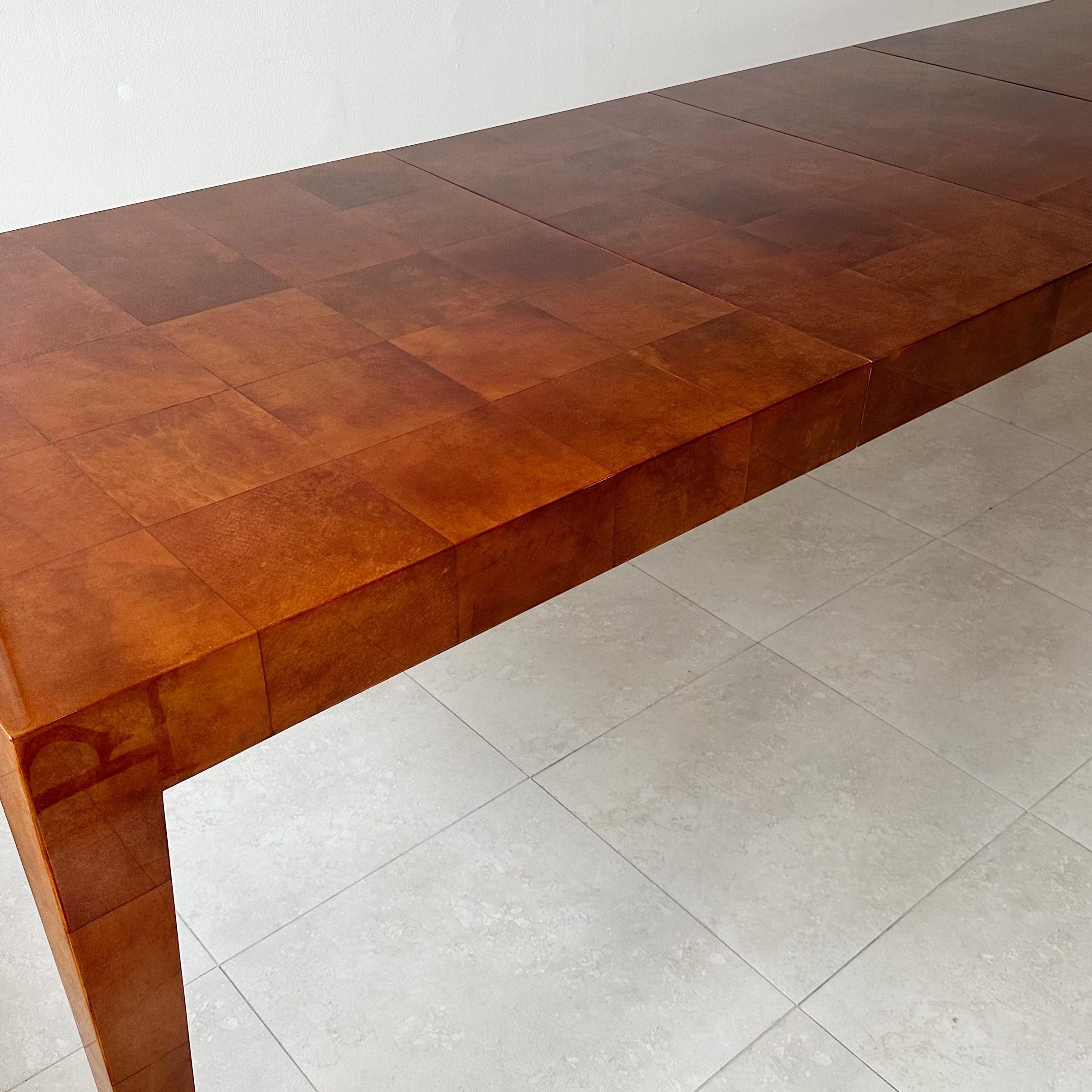 Long 1980s goatskin dining table that is 112