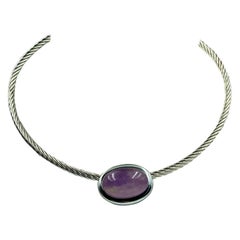 Vintage Large Natural Amethyst Silvered Metal Torque Necklace, F. Romana