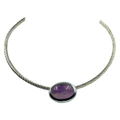 Vintage große natürliche Amethyst versilbert Metall Torque Halskette:: F. Romana