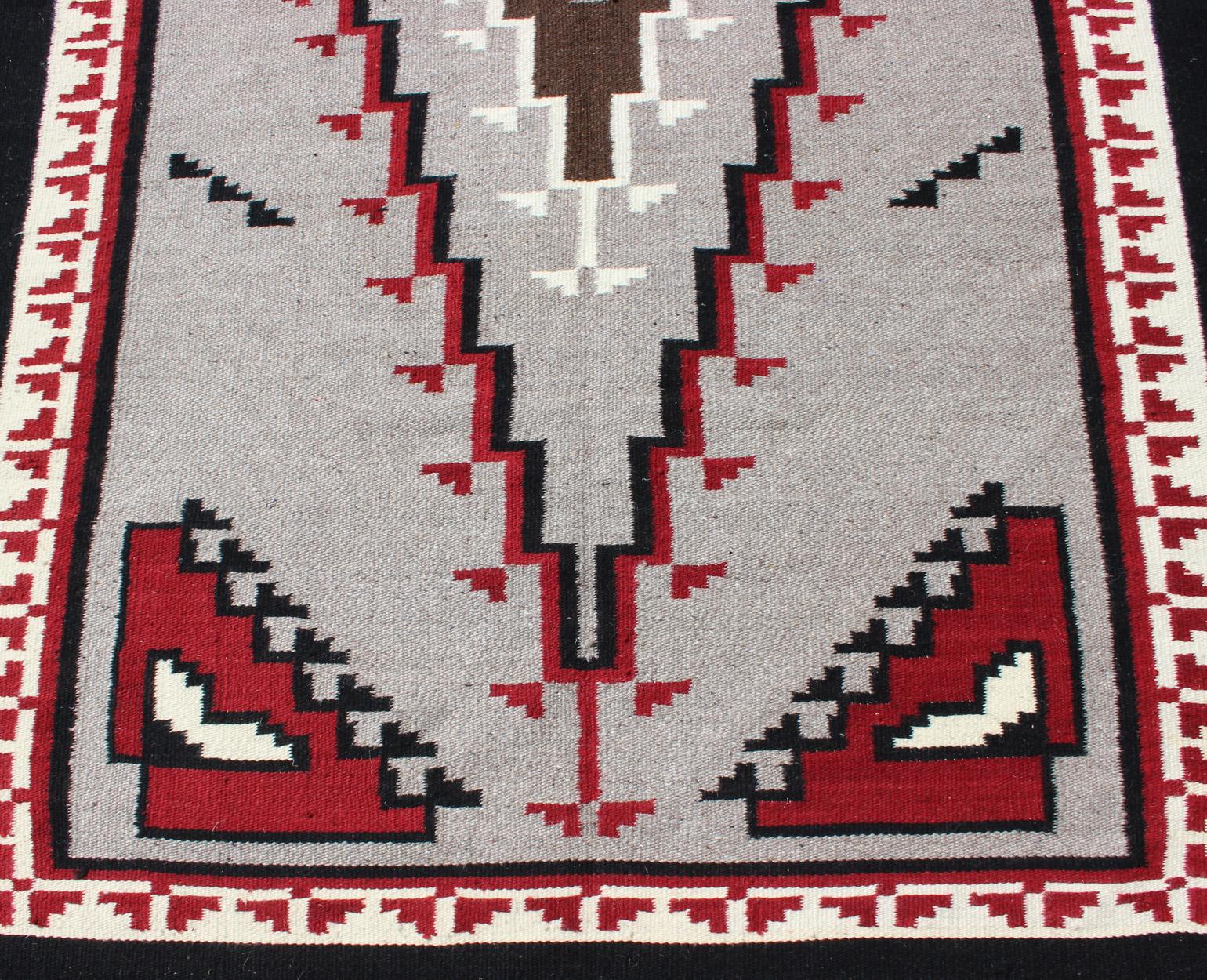Vintage Tribal Native American Style Rug in Gray, Ivory, Black, and Red For Sale 3