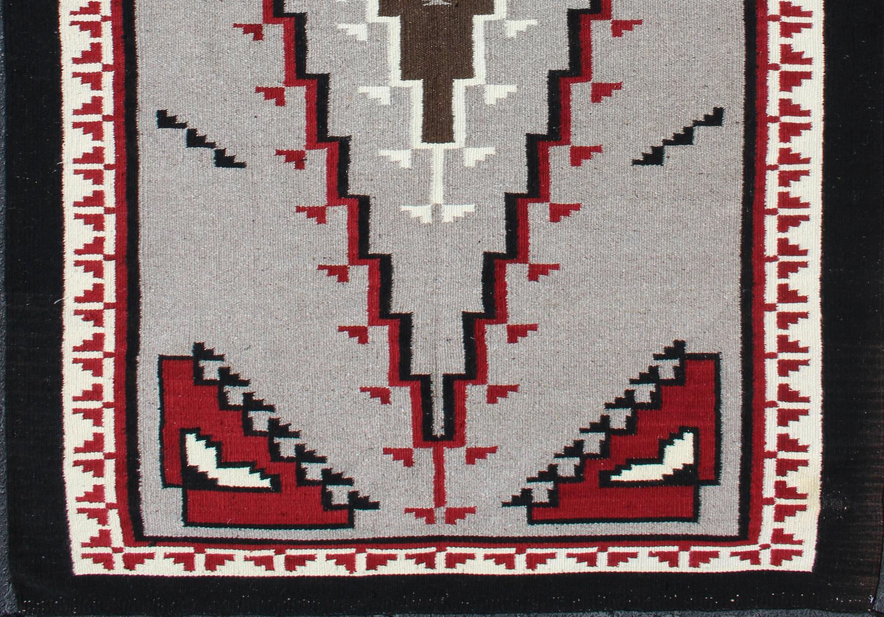 Navajo Vintage Tribal Native American Style Rug in Gray, Ivory, Black, and Red For Sale