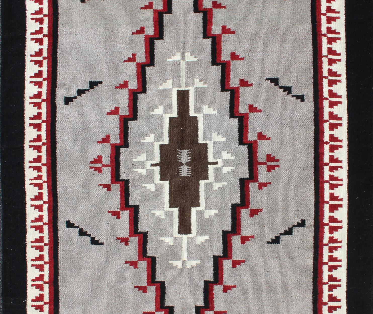 Hand-Woven Vintage Tribal Native American Style Rug in Gray, Ivory, Black, and Red For Sale