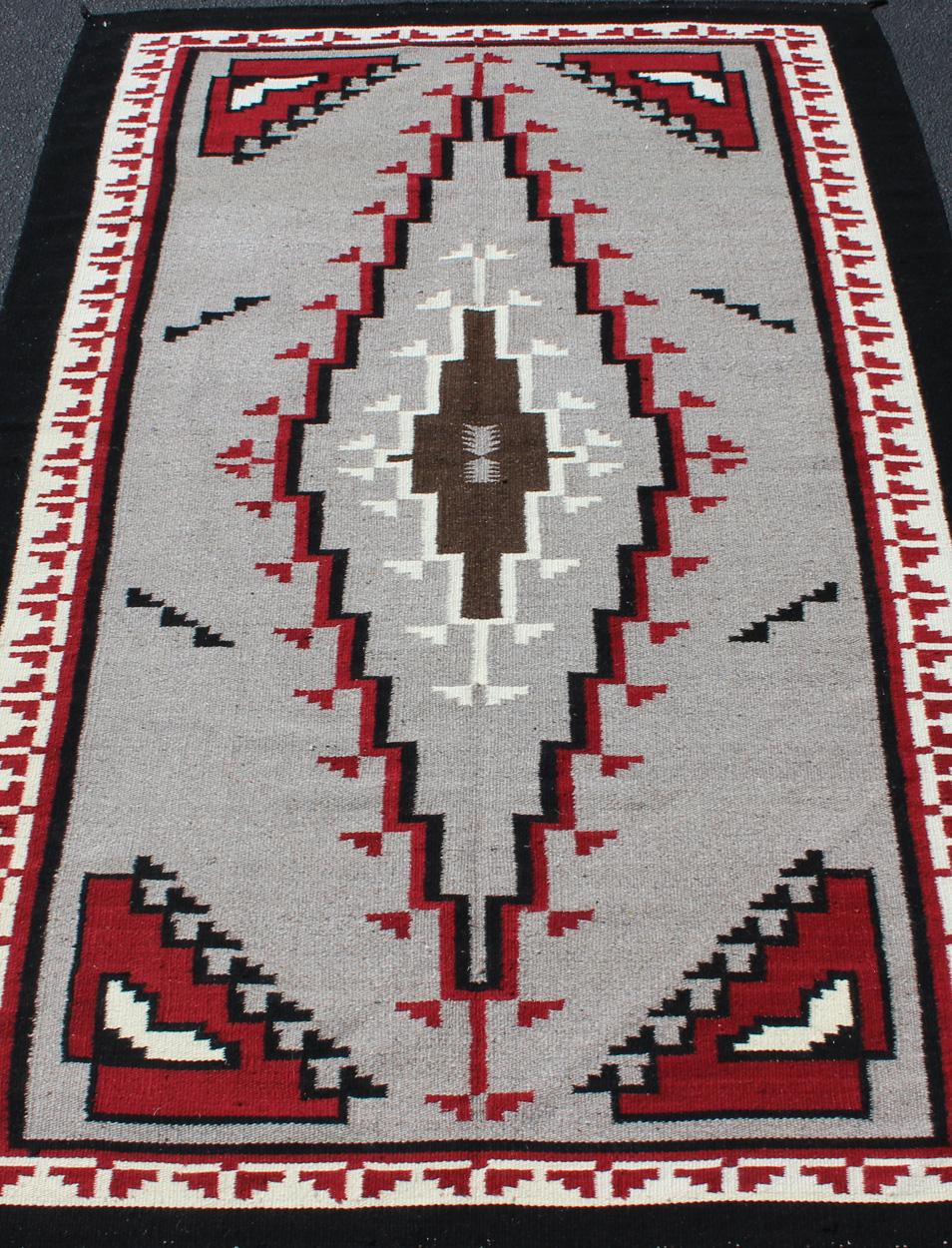 20th Century Vintage Tribal Native American Style Rug in Gray, Ivory, Black, and Red For Sale
