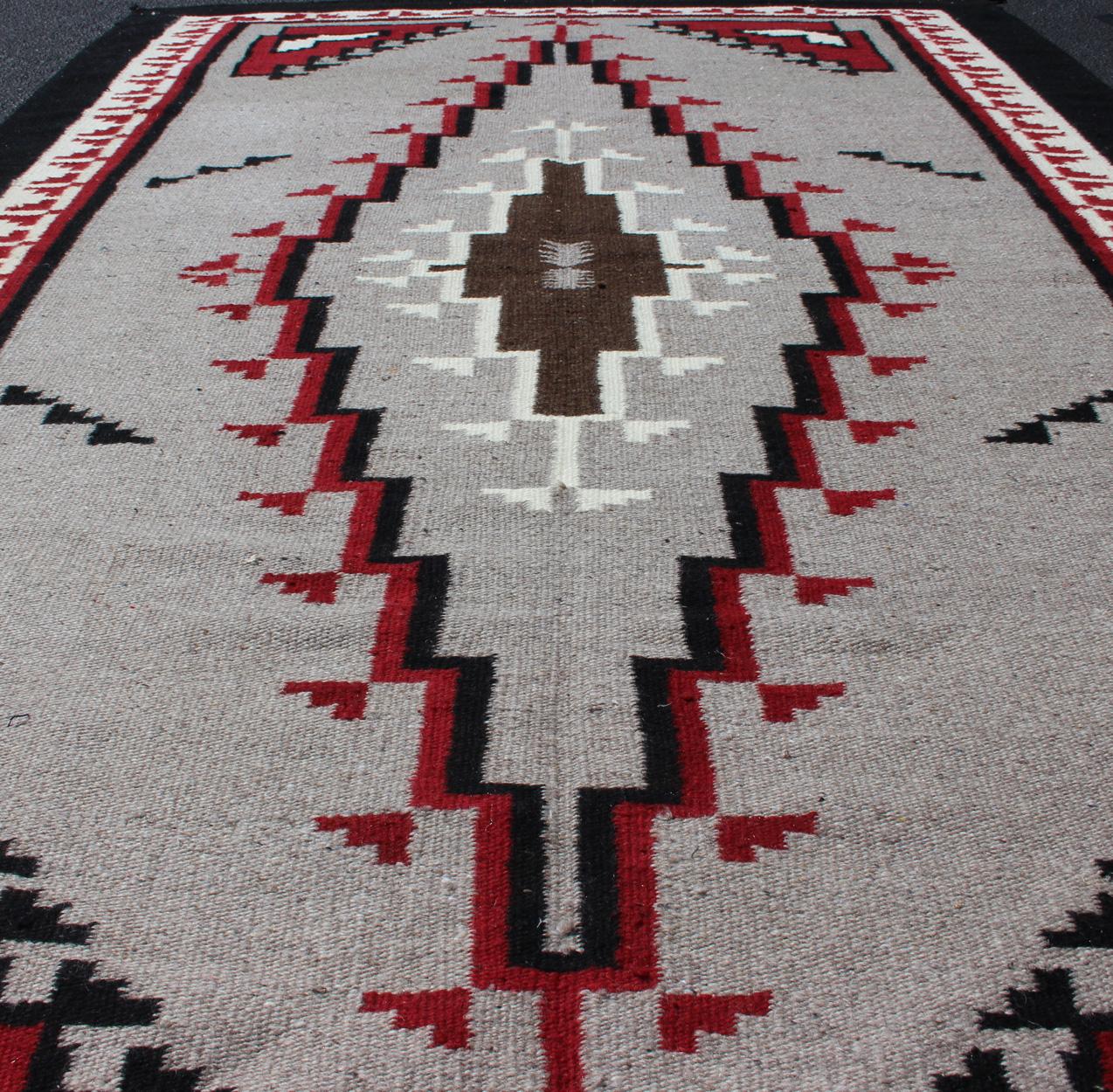 Wool Vintage Tribal Native American Style Rug in Gray, Ivory, Black, and Red For Sale