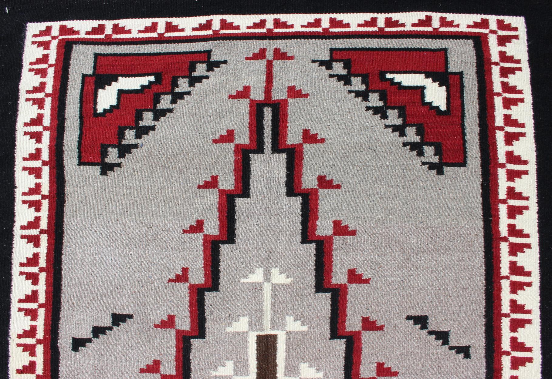 Vintage Tribal Native American Style Rug in Gray, Ivory, Black, and Red For Sale 2