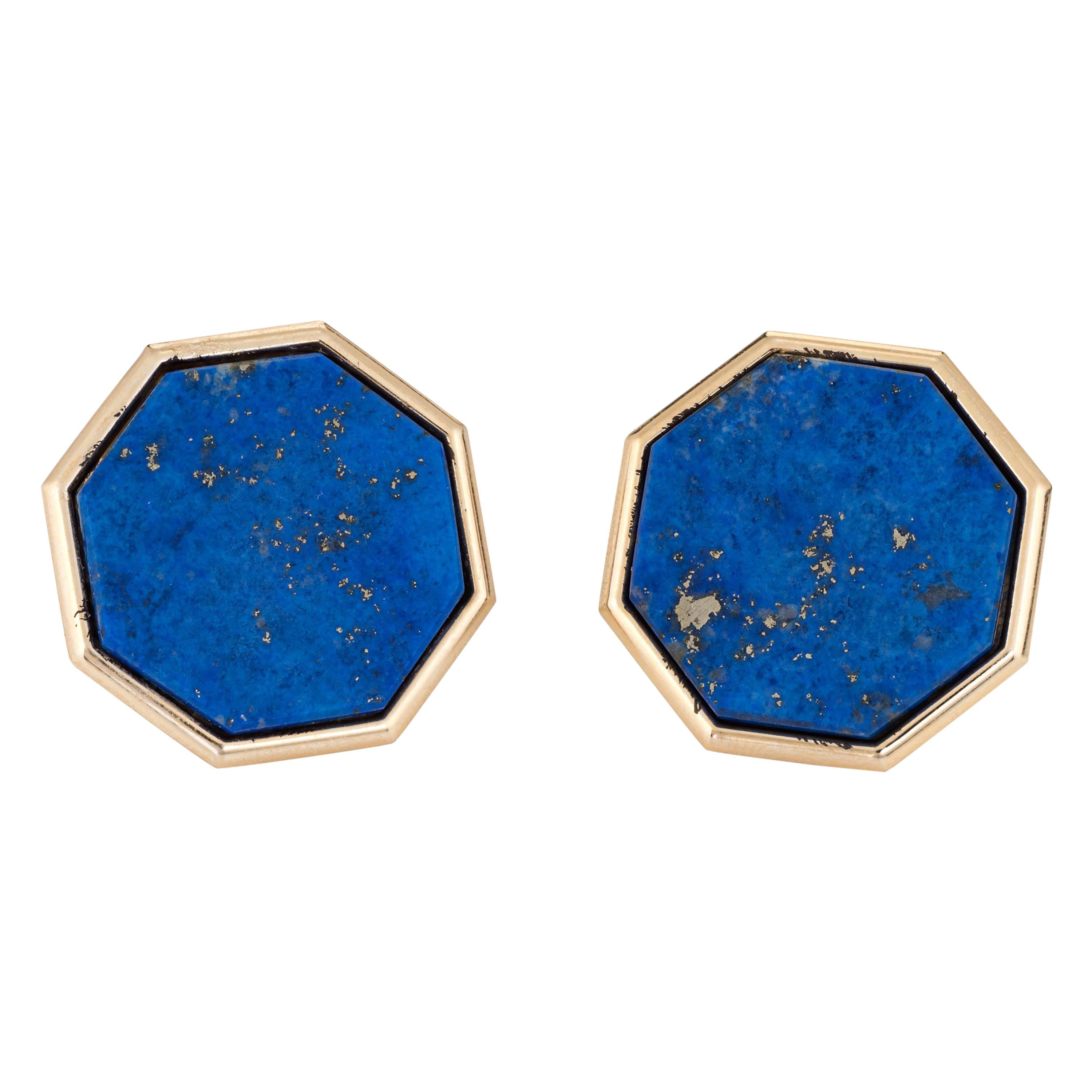 Vintage Large Octagon Earrings 14 Karat Yellow Gold Lapis Lazuli Estate Jewelry
