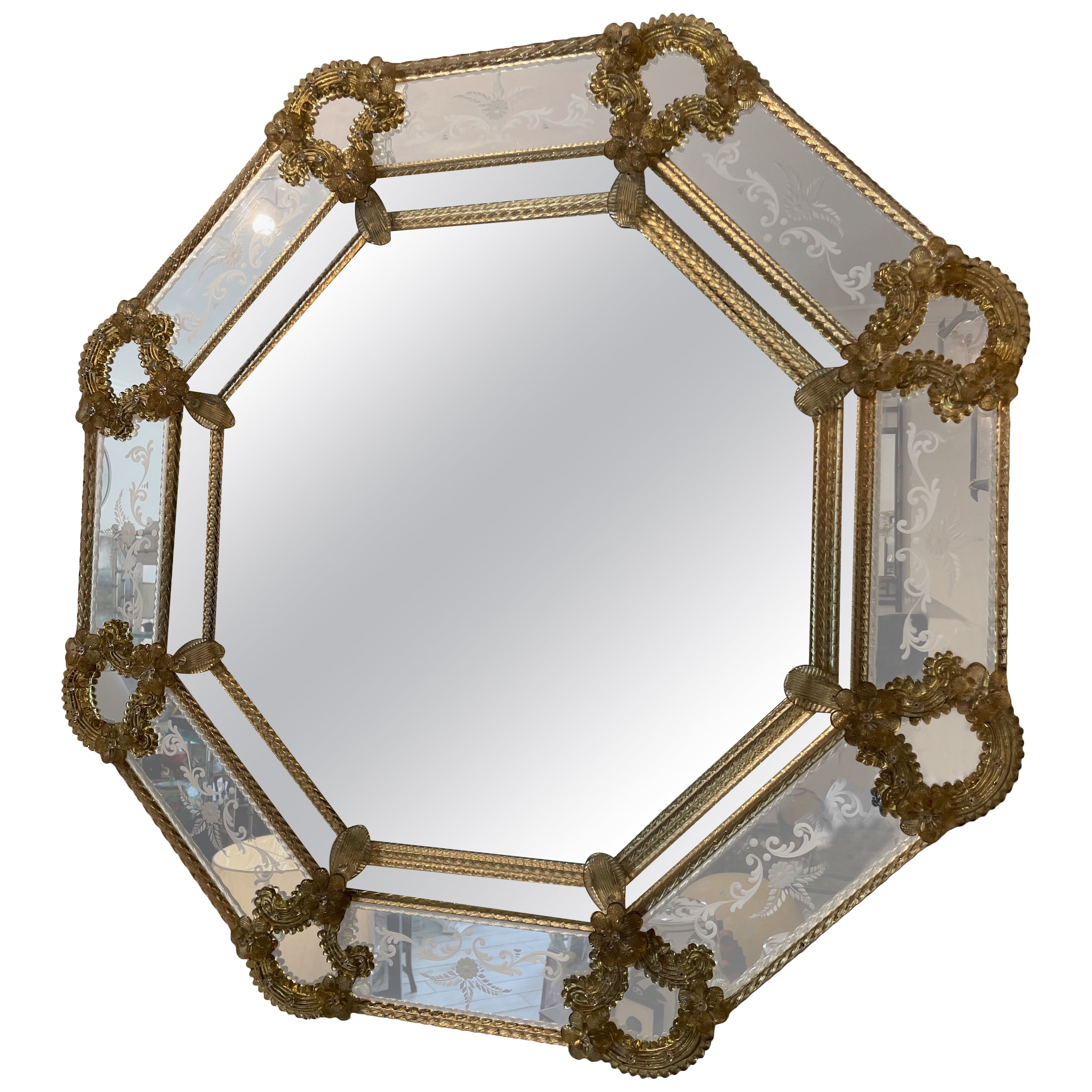 Espejo veneciano de Murano vintage grande de forma octogonal