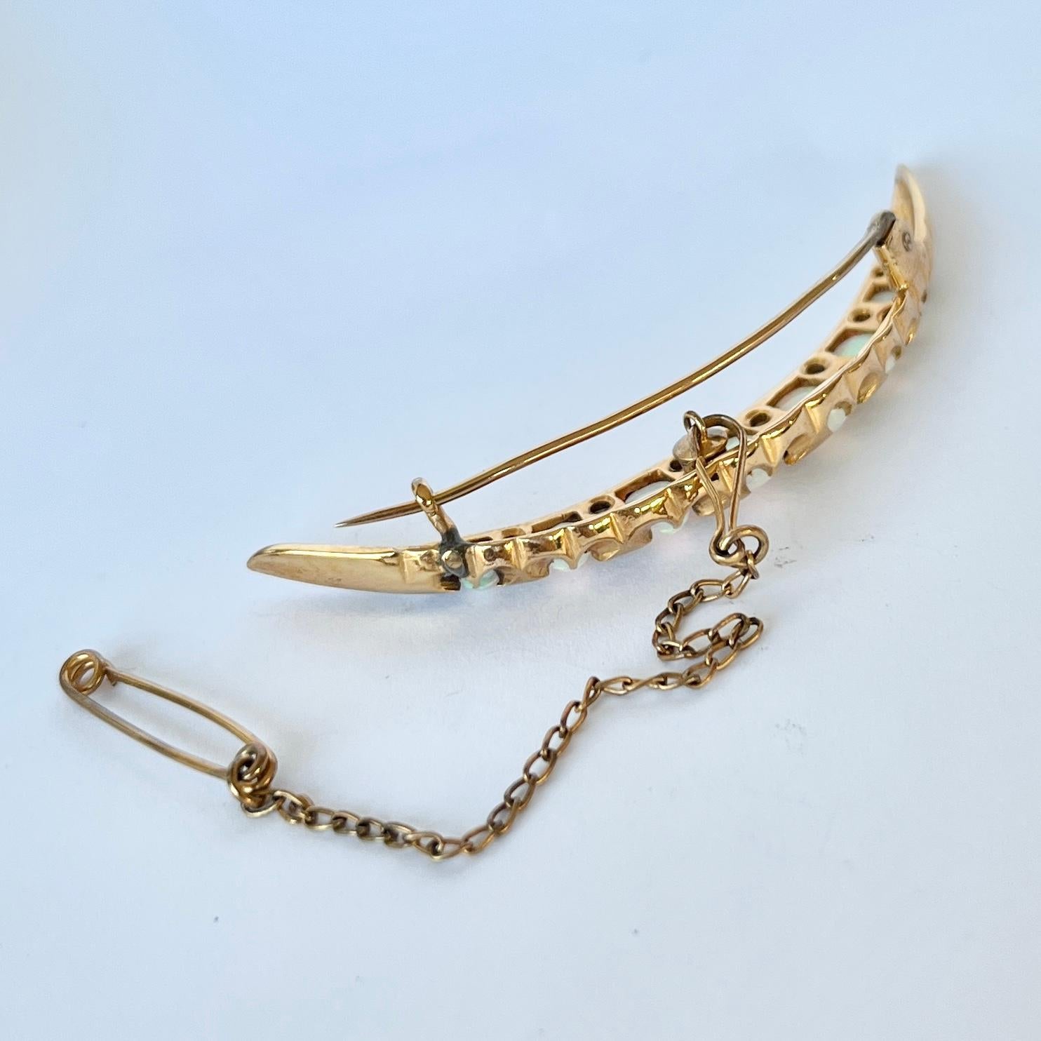Old Mine Cut Vintage Large Opal and Diamond 15 Carat Gold Crescent Brooch For Sale