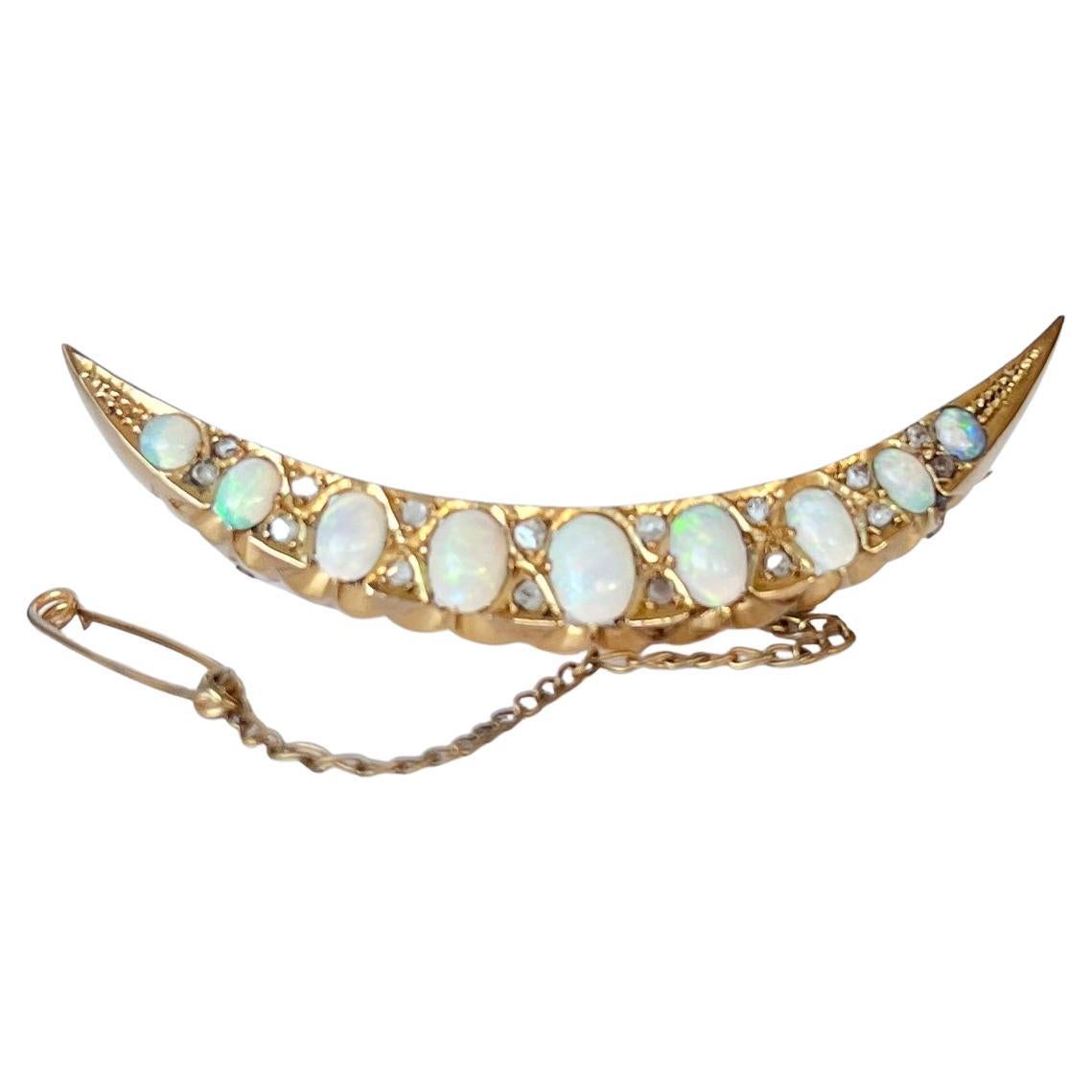 Vintage Large Opal and Diamond 15 Carat Gold Crescent Brooch For Sale