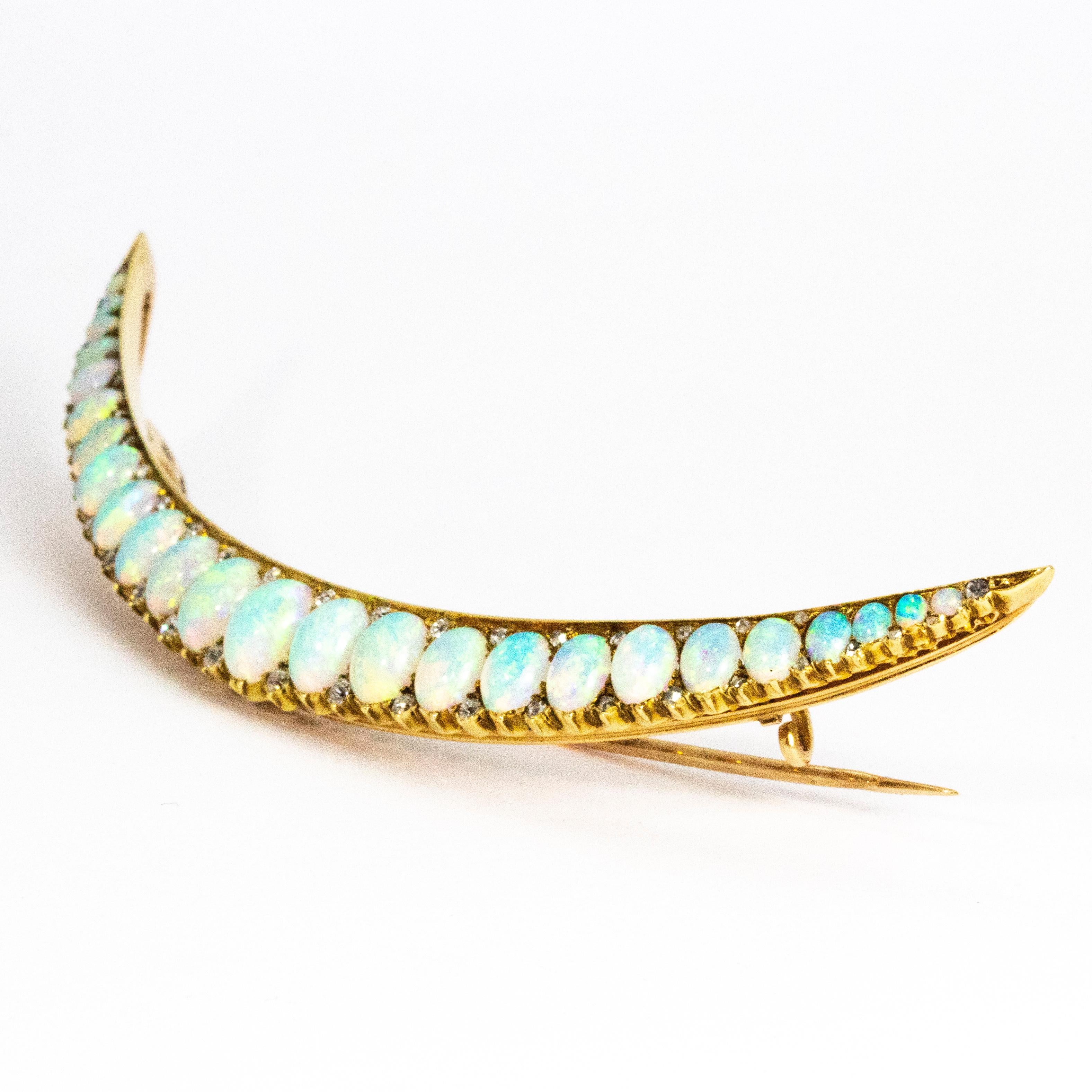 Old Mine Cut Vintage Large Opal and Diamond 18 Carat Gold Crescent Brooch