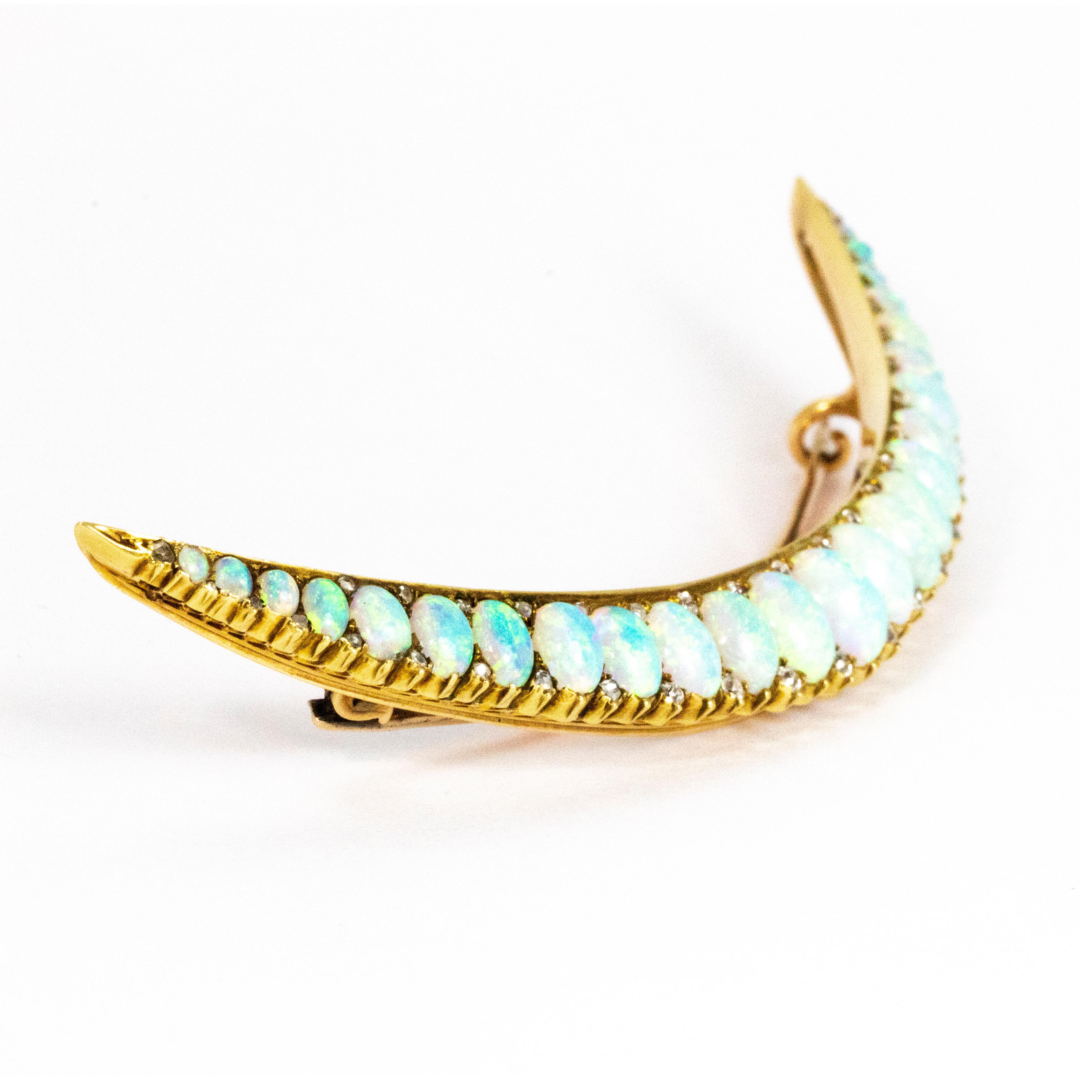 Women's or Men's Vintage Large Opal and Diamond 18 Carat Gold Crescent Brooch