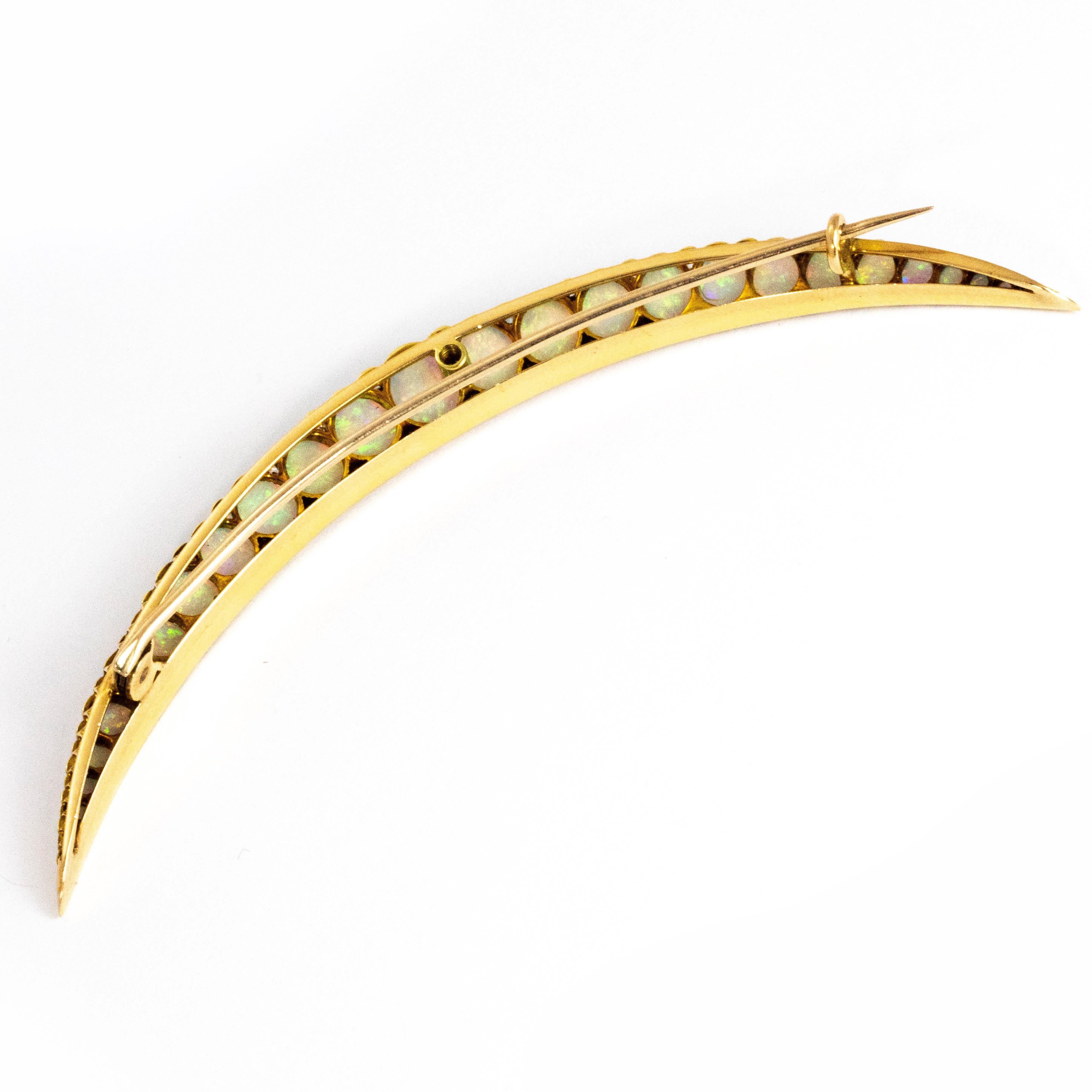 Vintage Large Opal and Diamond 18 Carat Gold Crescent Brooch 1