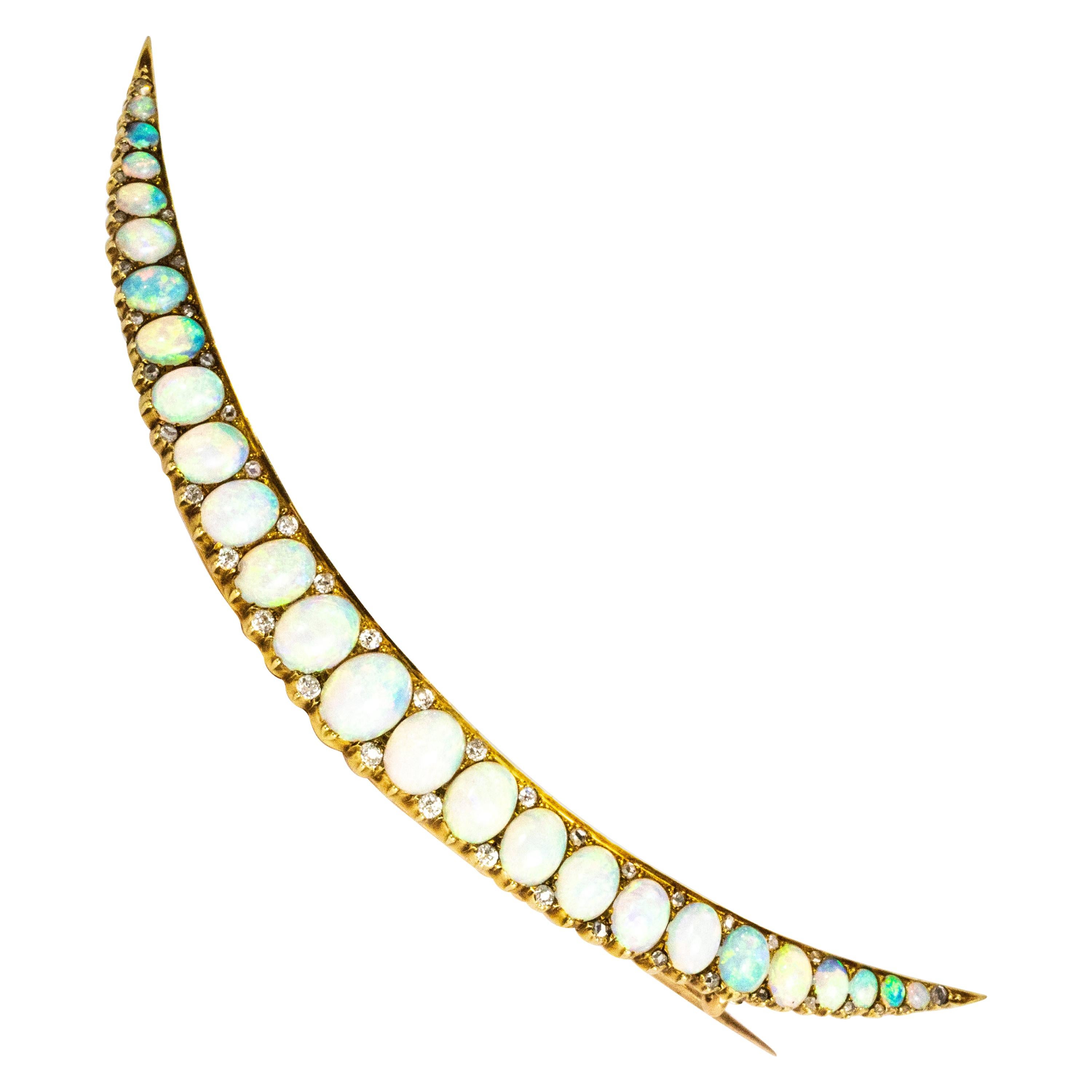 Vintage Large Opal and Diamond 18 Carat Gold Crescent Brooch