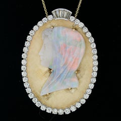 Vintage Large Oval 14k Gold Pendant Necklace w/ Carved Opal Cameo & Diamond Halo
