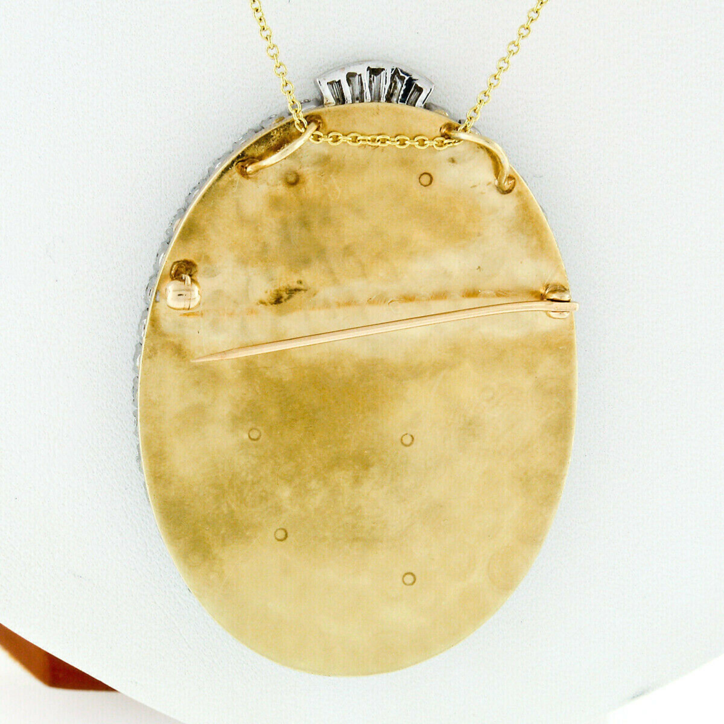 Women's Vintage Large Oval 14k Gold Pendant Necklace w/ Carved Opal Cameo & Diamond Halo