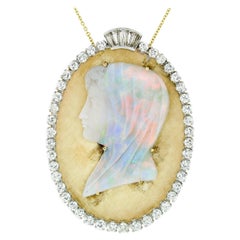 Retro Large Oval 14k Gold Pendant Necklace w/ Carved Opal Cameo & Diamond Halo