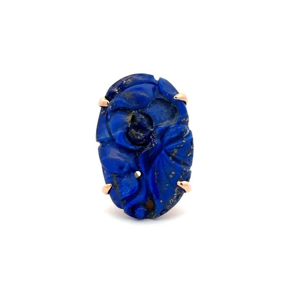 Vintage Large Oval Carved Lapis Lazuli Gold Mid Century Modern Statement Ring In Excellent Condition For Sale In Montreal, QC