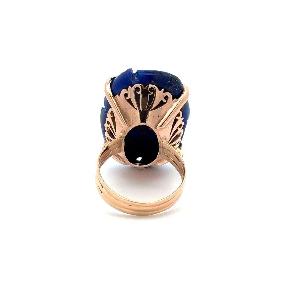Women's or Men's Vintage Large Oval Carved Lapis Lazuli Gold Mid Century Modern Statement Ring For Sale