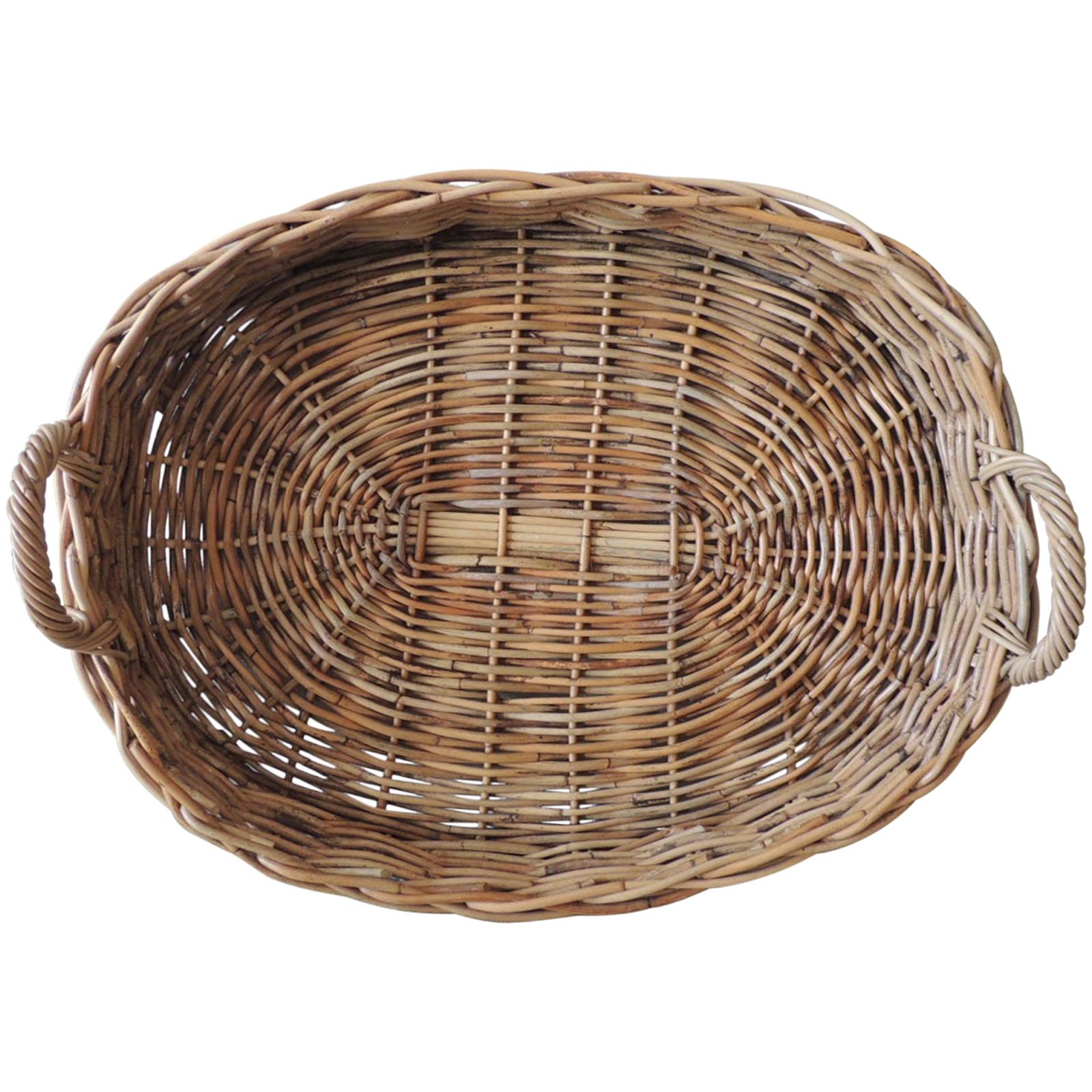Vintage Large Oval Farm Table Woven Basket with Handles