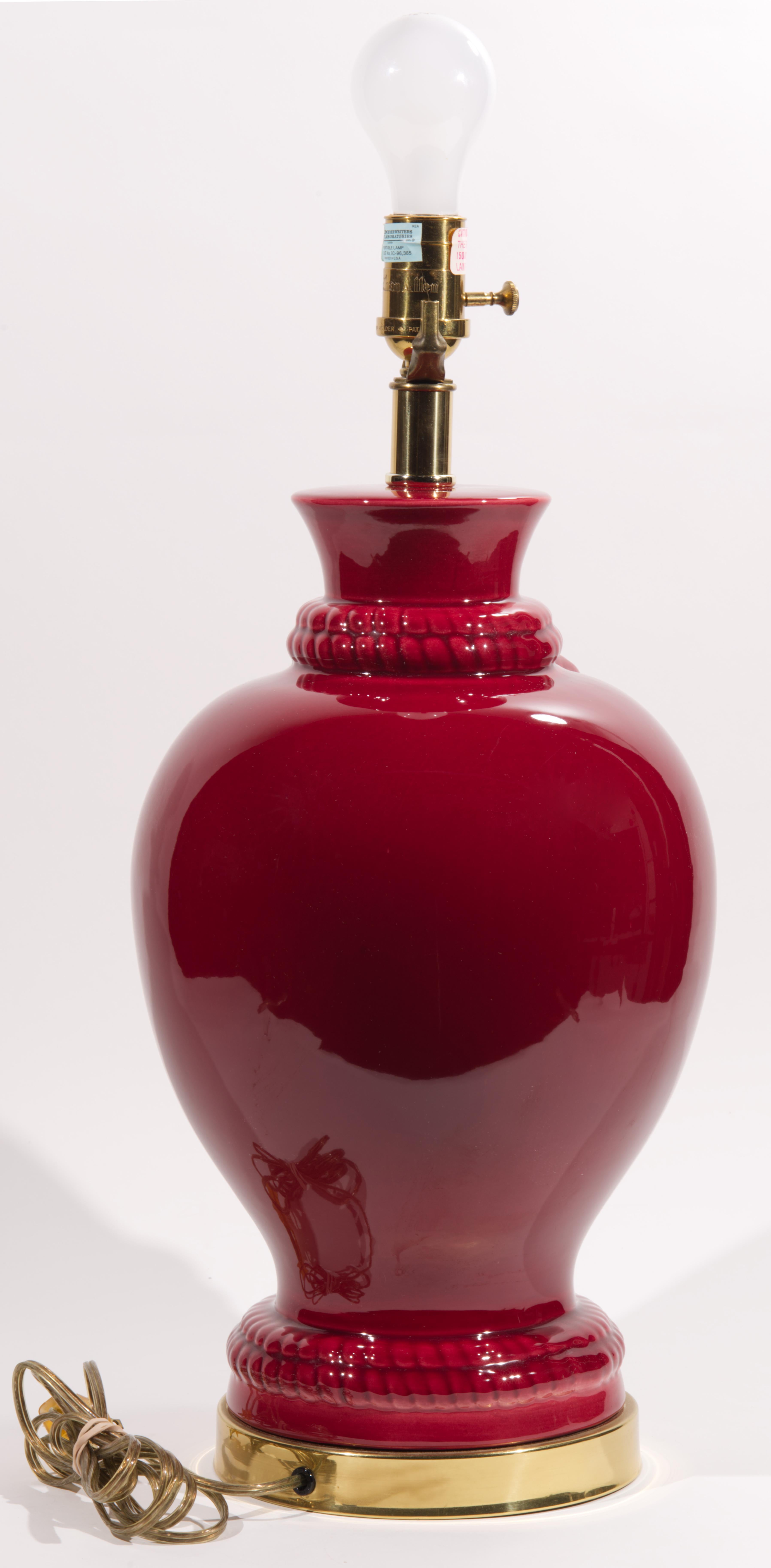 Vintage Large Oxblood Red Ceramic Table Lamp with Tassel Relief For Sale 4