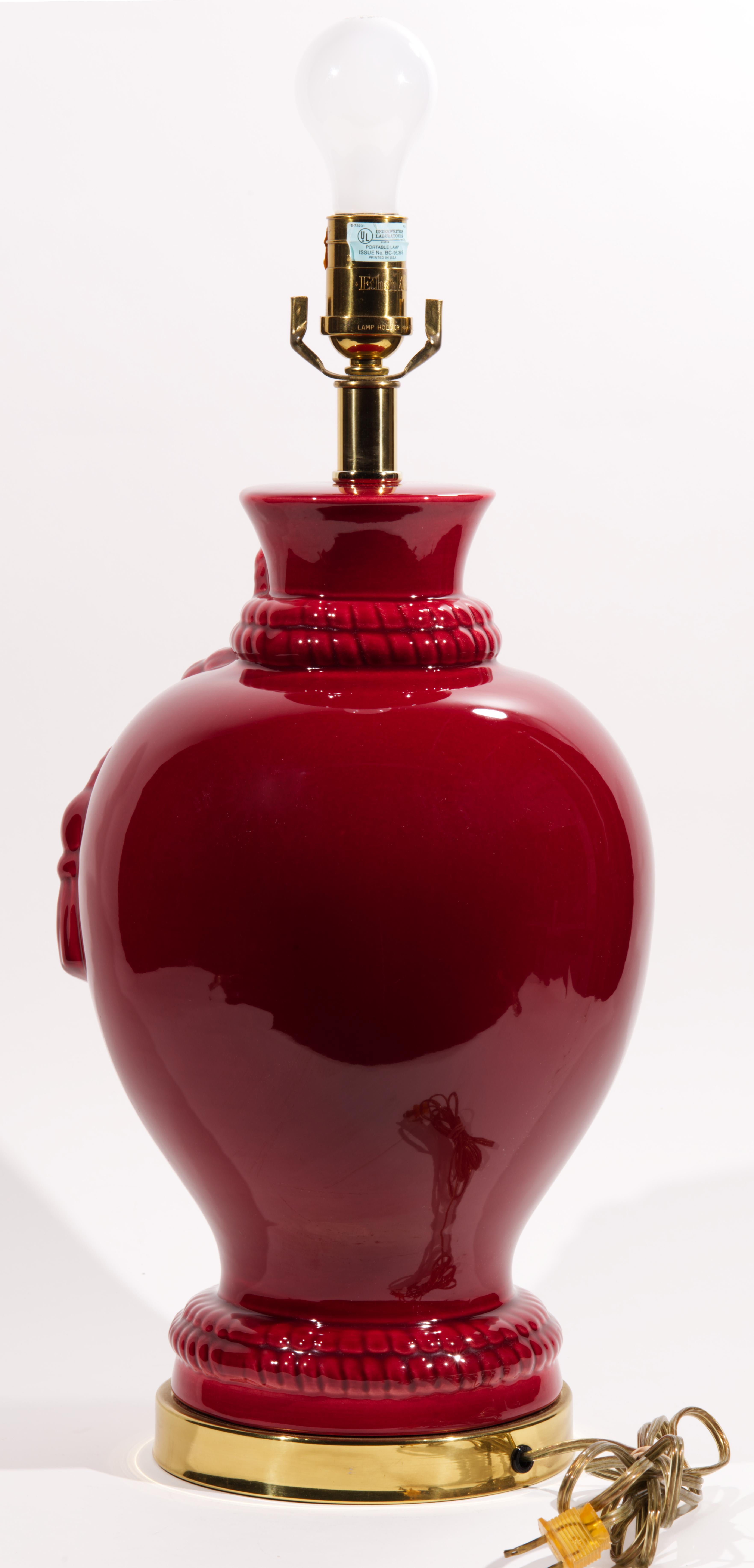 Pottery Vintage Large Oxblood Red Ceramic Table Lamp with Tassel Relief For Sale