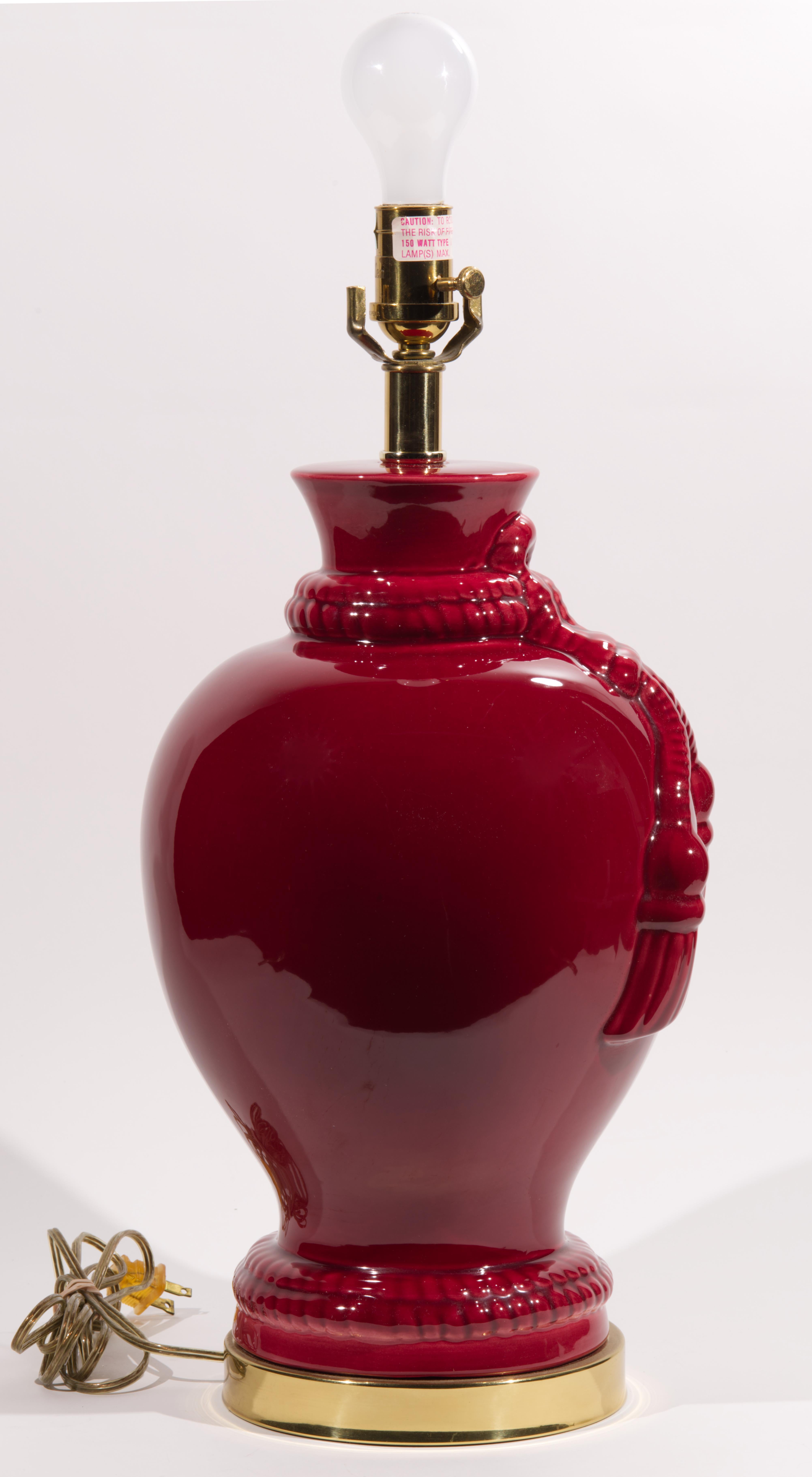 Vintage Large Oxblood Red Ceramic Table Lamp with Tassel Relief For Sale 1