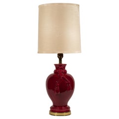 Vintage Large Oxblood Red Ceramic Table Lamp with Tassel Relief