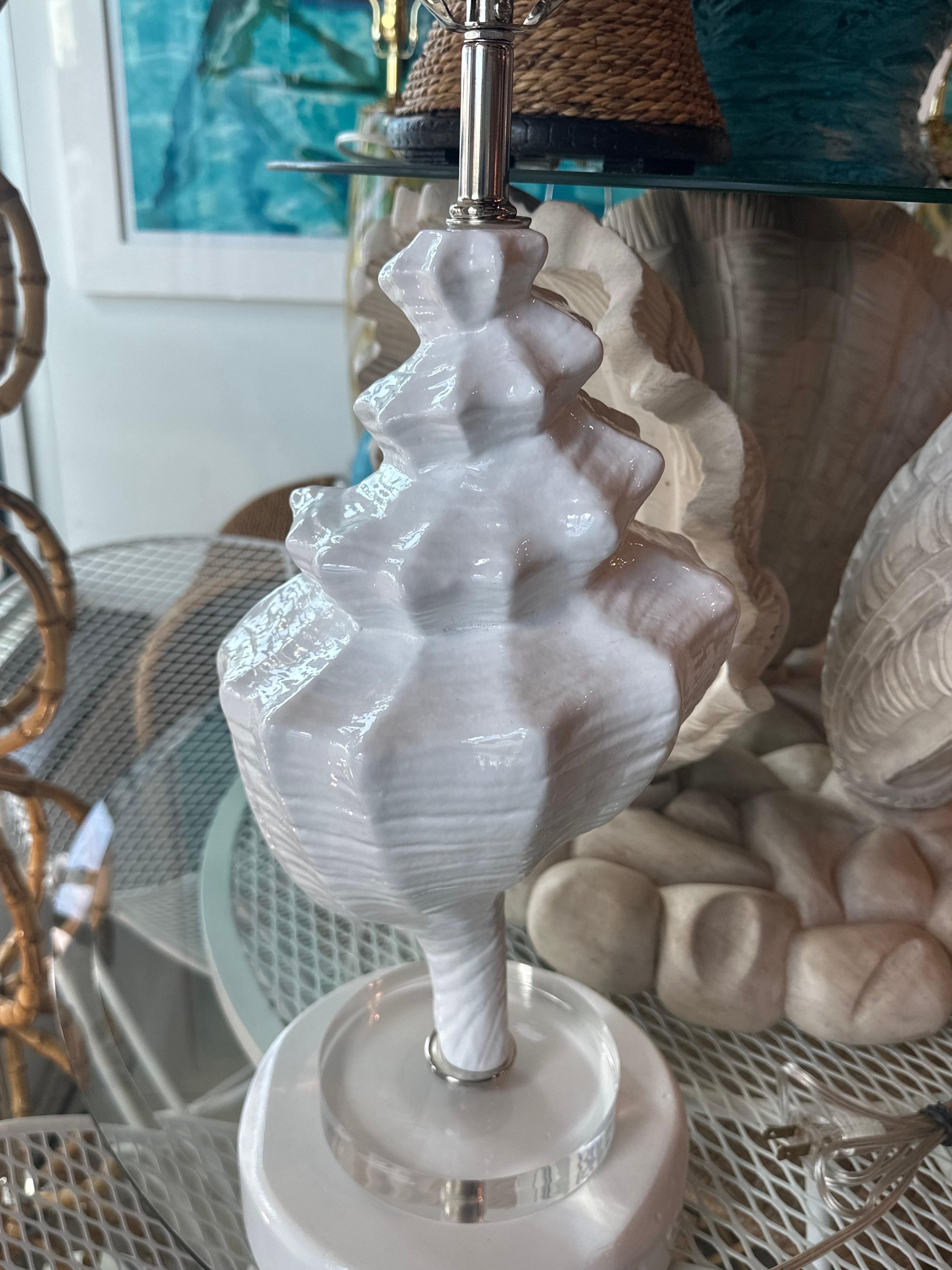 Nickel Vintage Large Pair Conch Shell Seashell Palm Beach Table Lamps Restored Lucite  For Sale