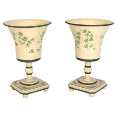 Vintage Large Pair of Tole Metal Hand Painted Jardinieres Planters