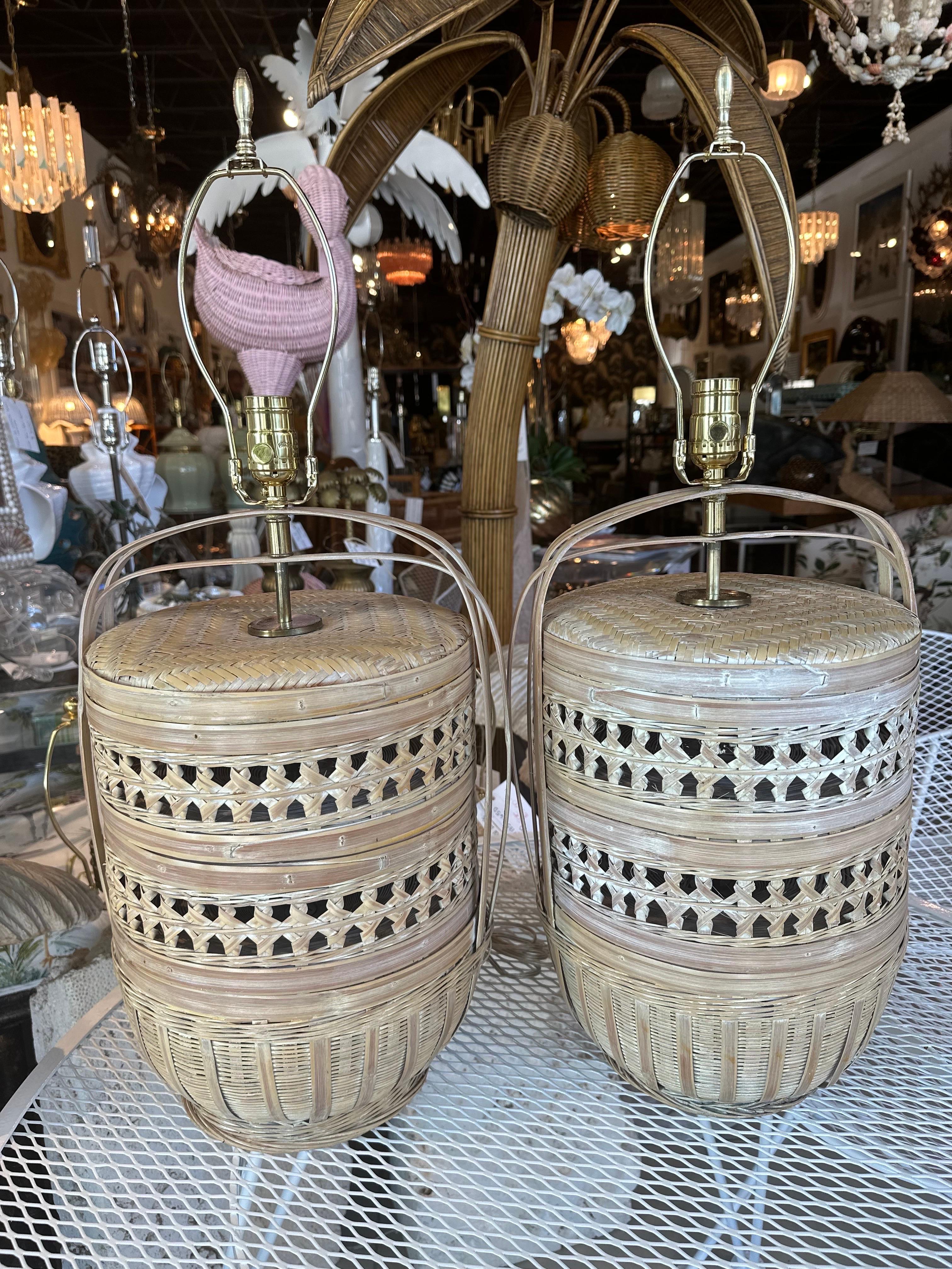 Vintage Large Pair Woven Rattan Wicker Basket Table Lamps Newly Wired For Sale 4