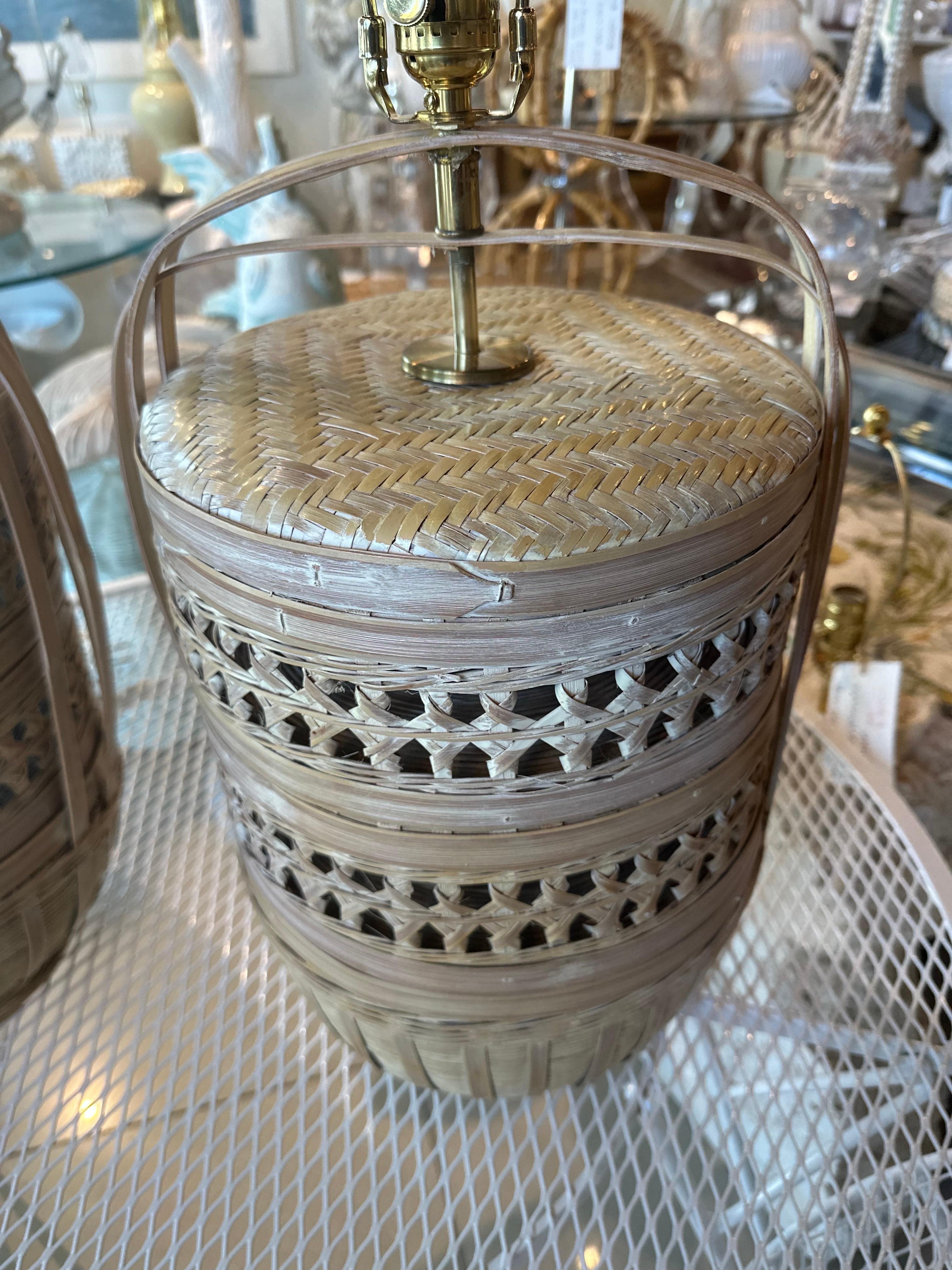 Vintage Large Pair Woven Rattan Wicker Basket Table Lamps Newly Wired For Sale 5