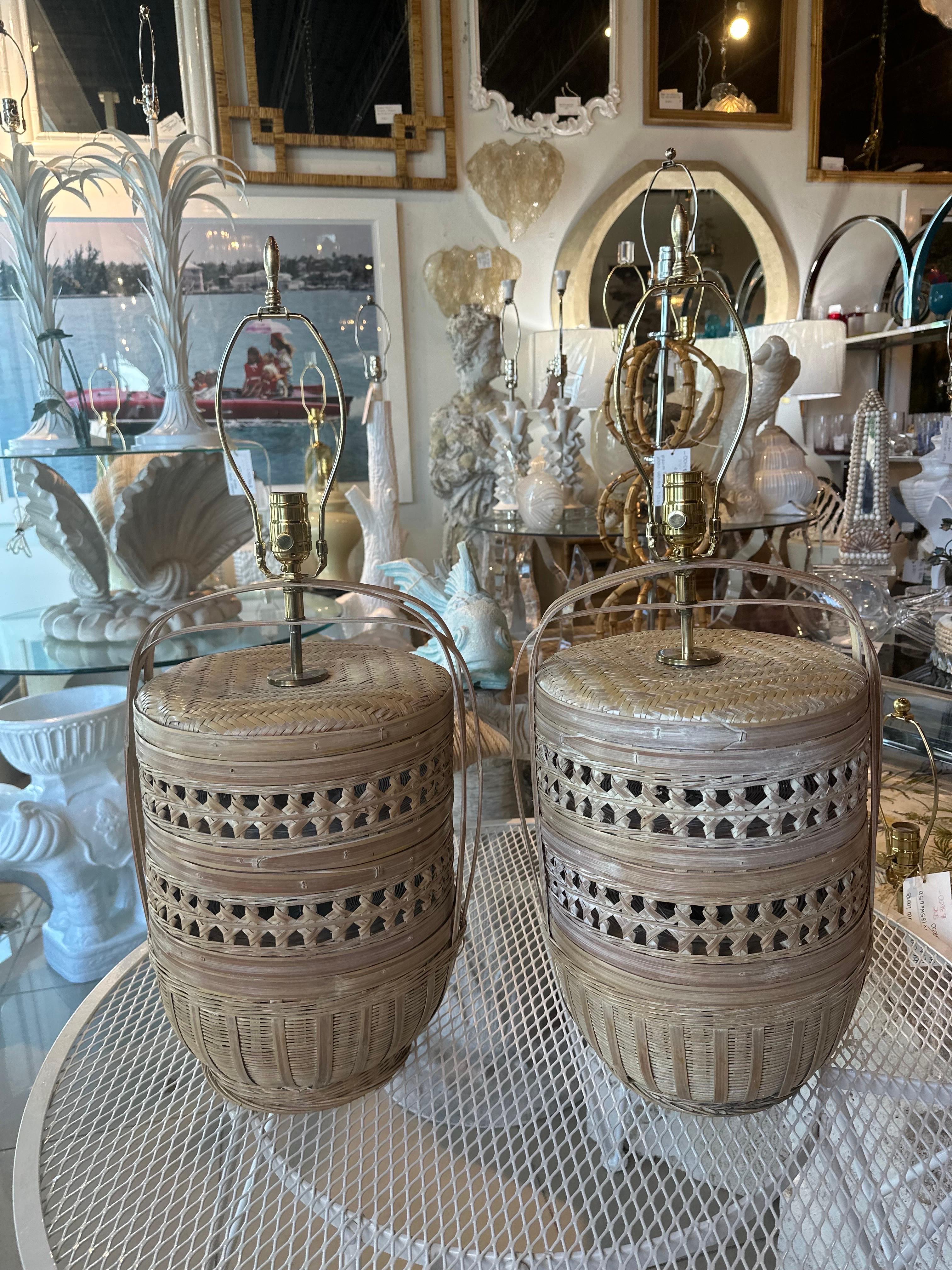 Vintage Large Pair Woven Rattan Wicker Basket Table Lamps Newly Wired For Sale 6