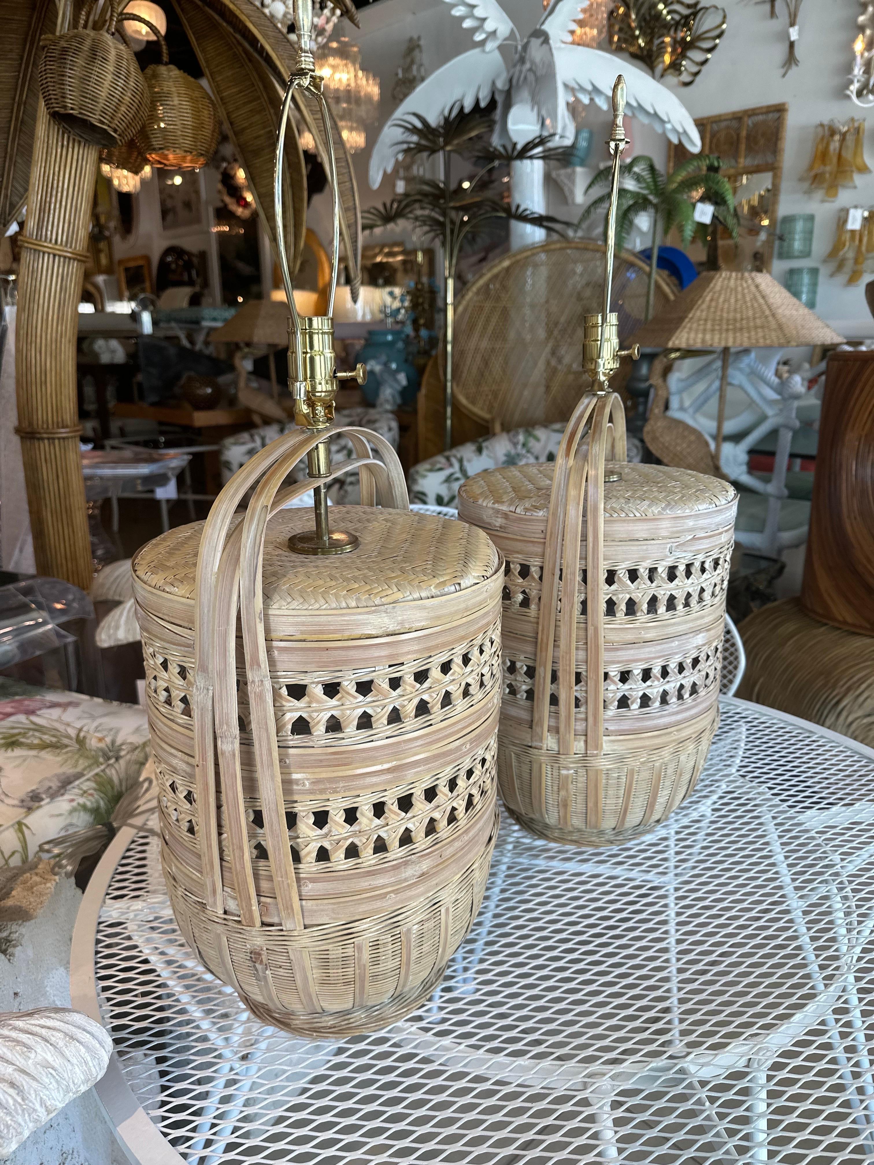 Mid-Century Modern Vintage Large Pair Woven Rattan Wicker Basket Table Lamps Newly Wired For Sale