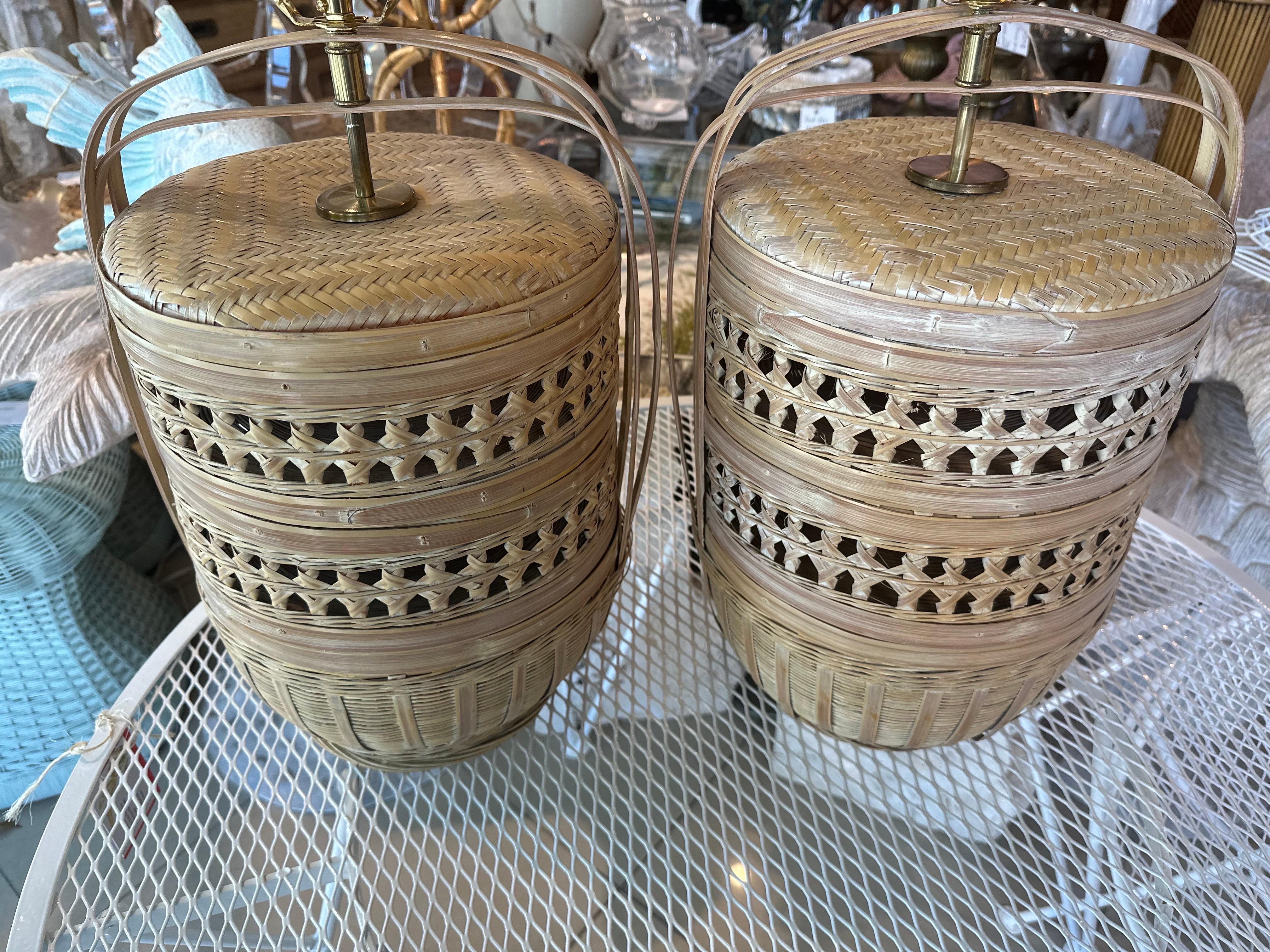 American Vintage Large Pair Woven Rattan Wicker Basket Table Lamps Newly Wired For Sale