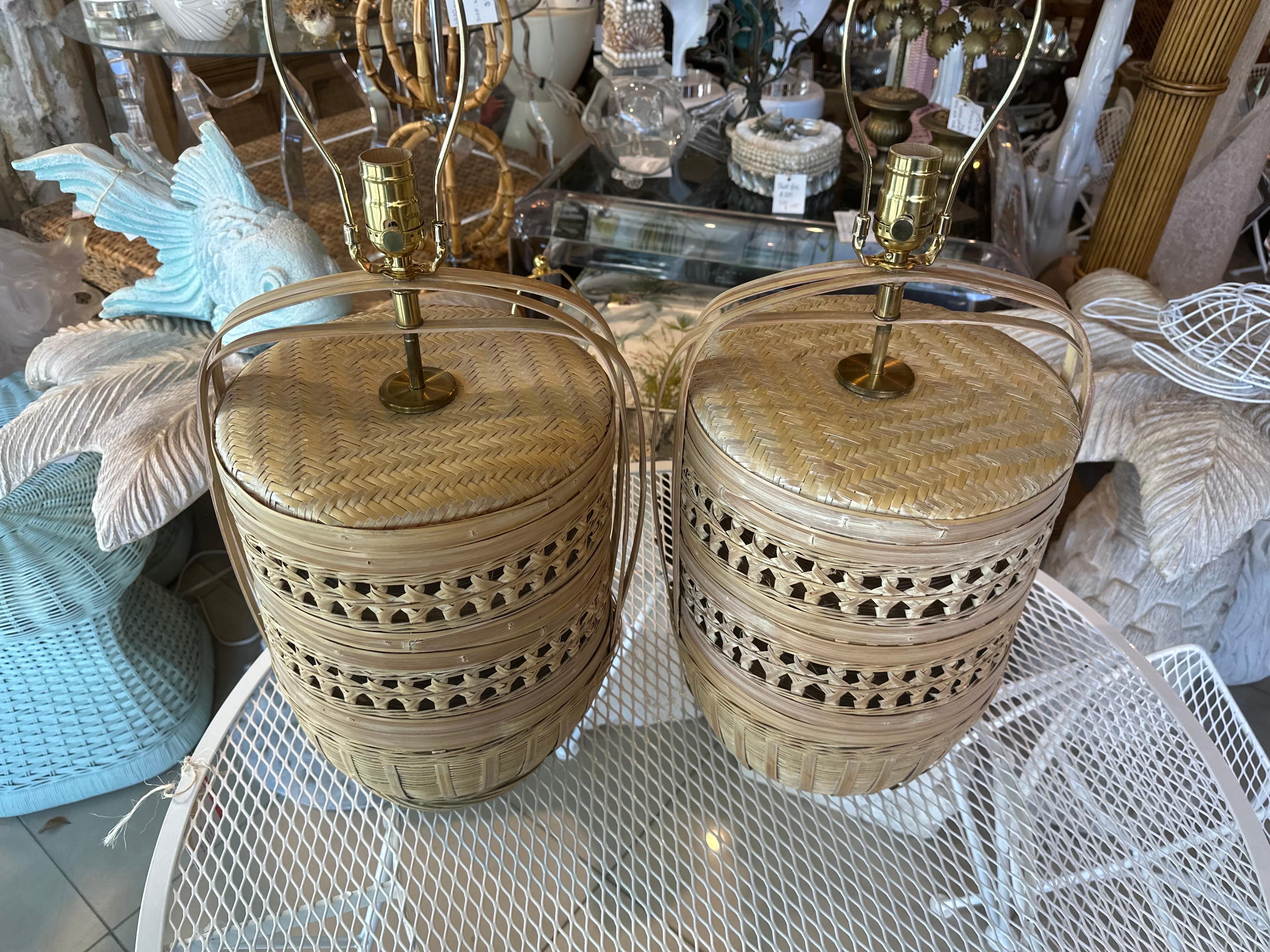 Late 20th Century Vintage Large Pair Woven Rattan Wicker Basket Table Lamps Newly Wired For Sale