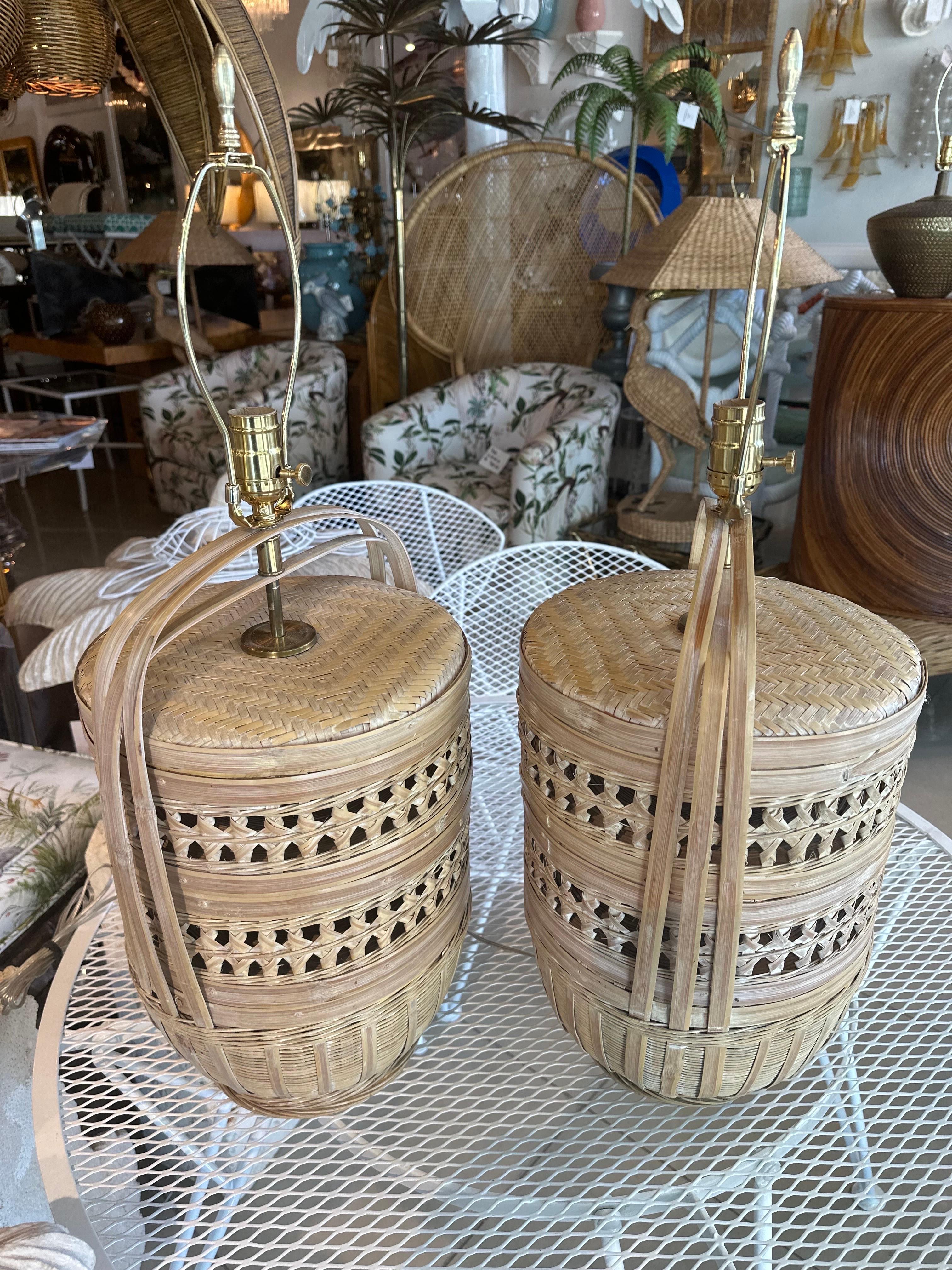 Vintage Large Pair Woven Rattan Wicker Basket Table Lamps Newly Wired For Sale 1