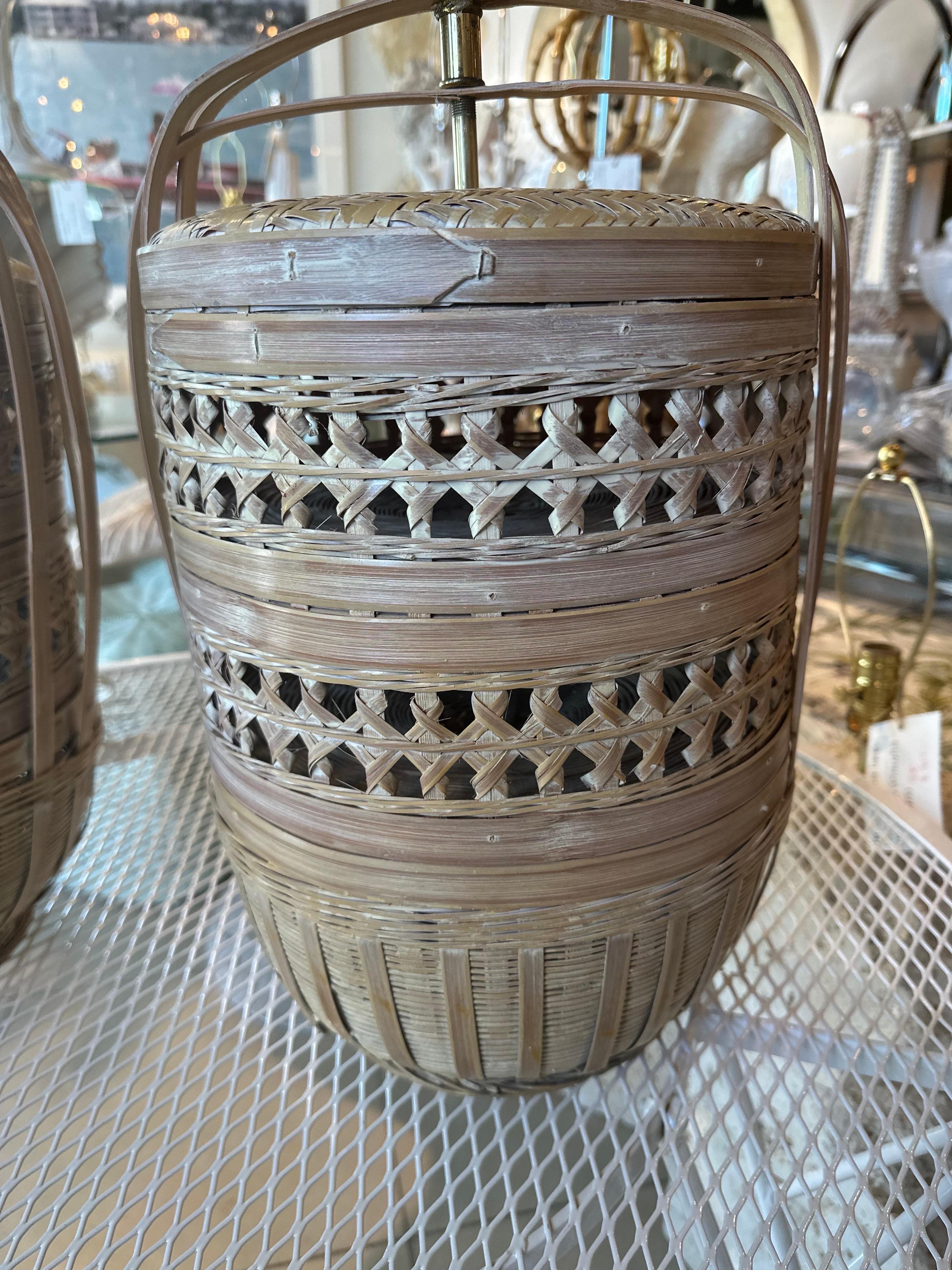 Vintage Large Pair Woven Rattan Wicker Basket Table Lamps Newly Wired For Sale 2