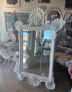 Vintage Large Palm Beach White Satin Lacquered Shell Seashell Wall Mirror
