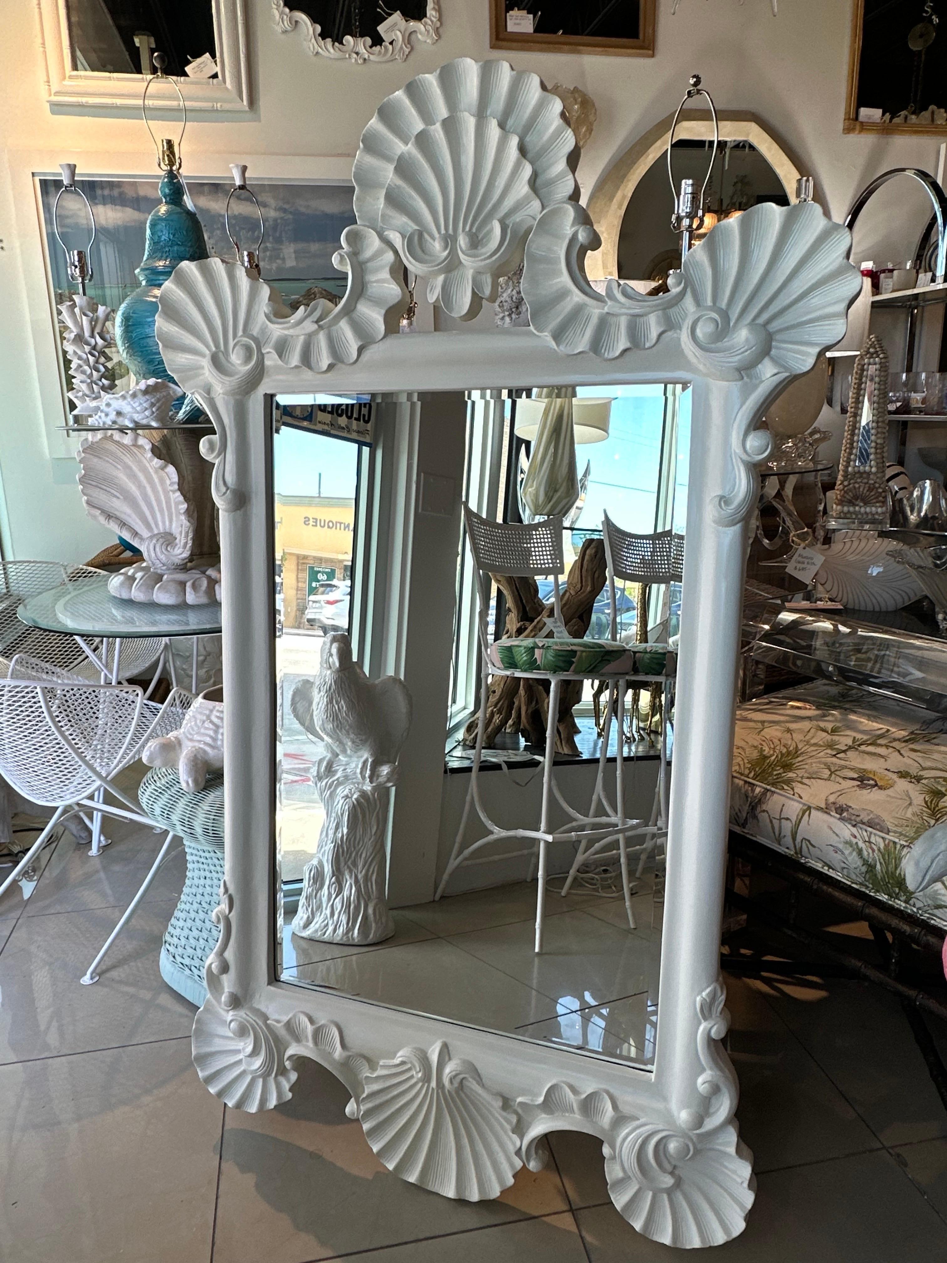 Vintage Large Palm Beach White Satin Lacquered Shell Seashell Wall Mirror  In Good Condition In West Palm Beach, FL