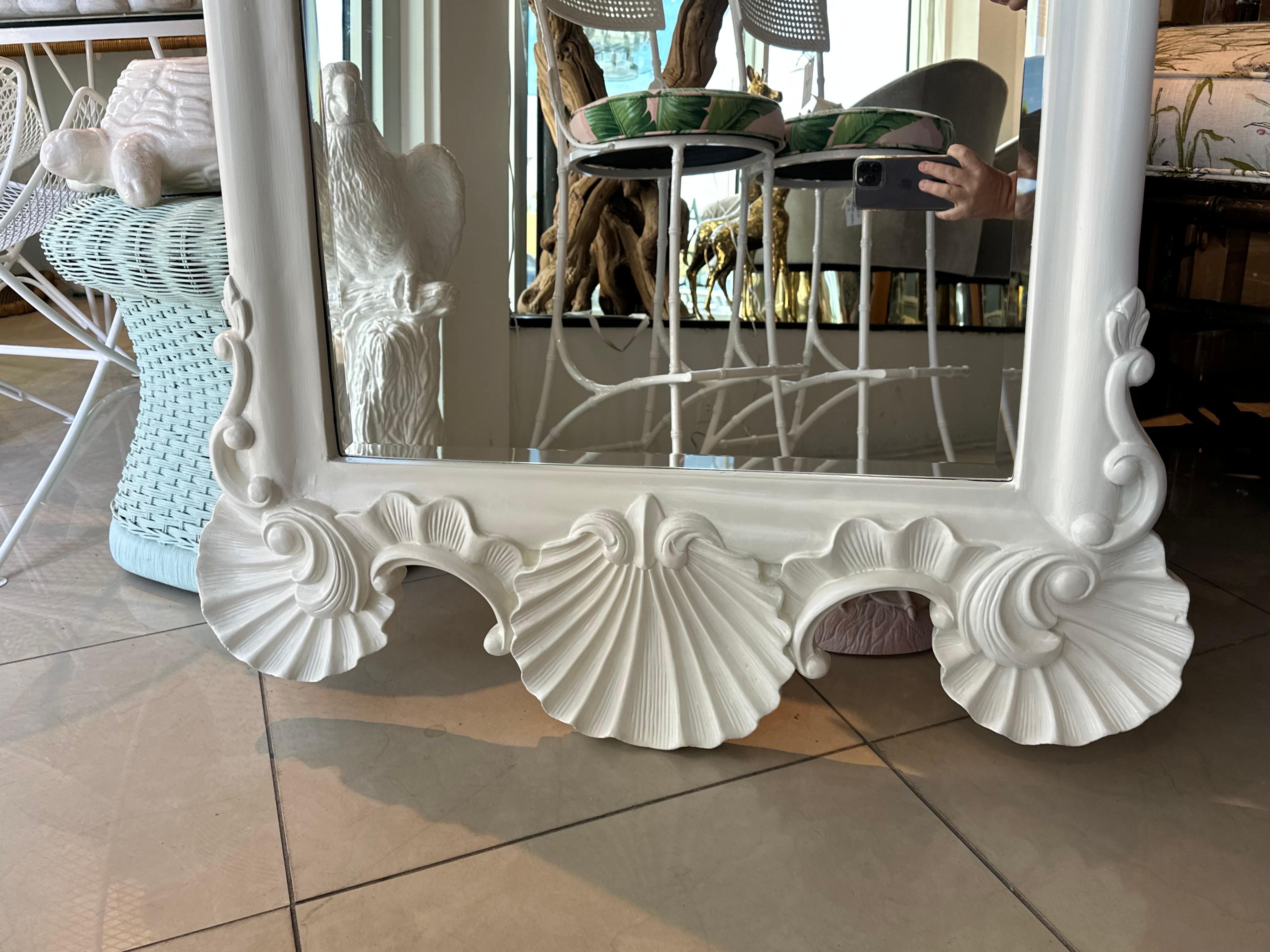 Mid-20th Century Vintage Large Palm Beach White Satin Lacquered Shell Seashell Wall Mirror 