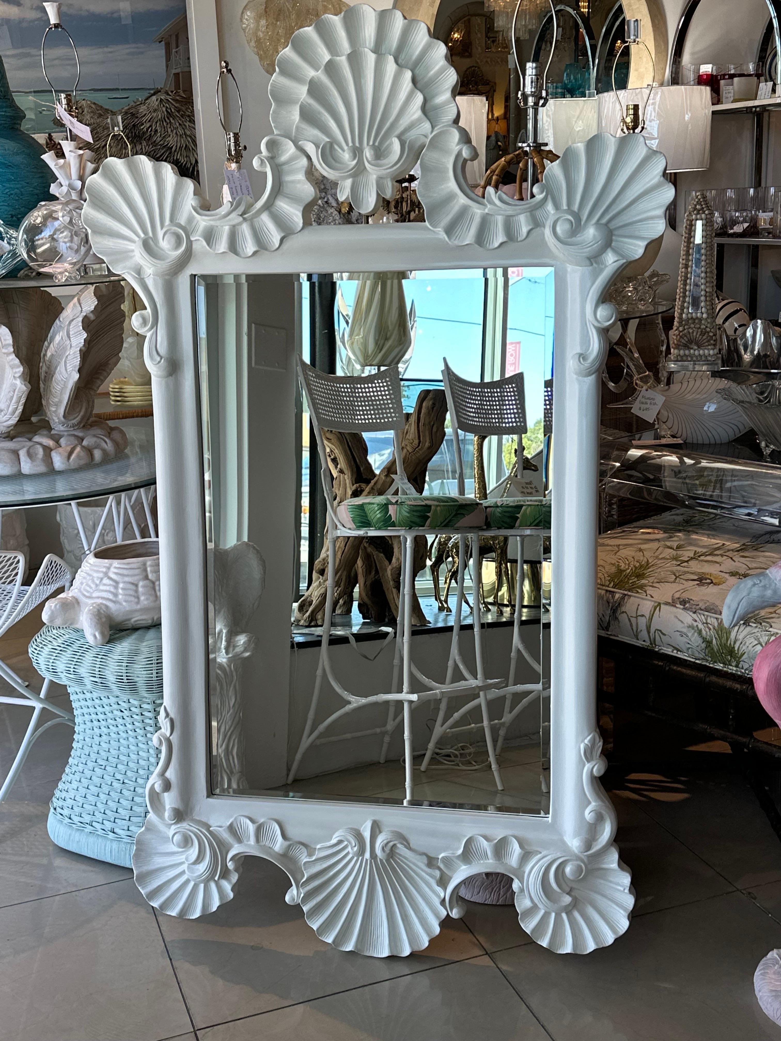 Vintage Large Palm Beach White Satin Lacquered Shell Seashell Wall Mirror  2