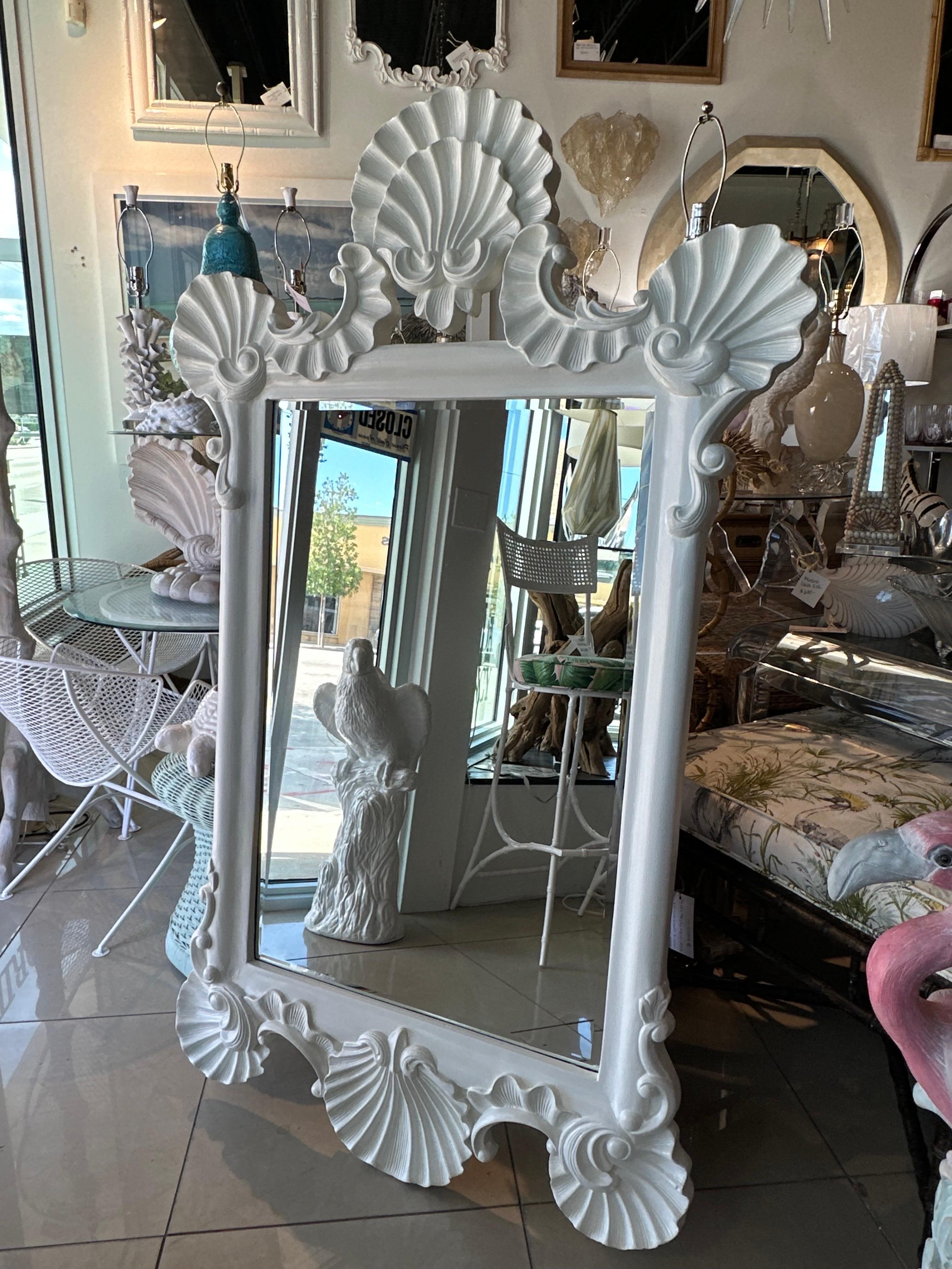 Vintage Large Palm Beach White Satin Lacquered Shell Seashell Wall Mirror  3